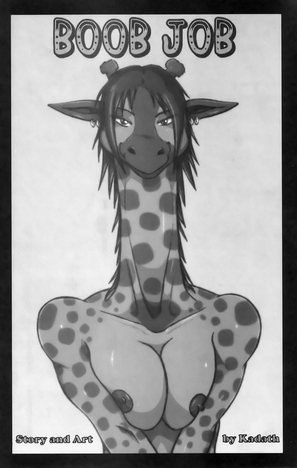 1girls anthro big_breasts black_and_white breasts brown_eyes brown_hair comic earrings english_text female giraffe horns kadath kadath_universe looking_at_viewer puzzle_(kadath) simple_background solo text