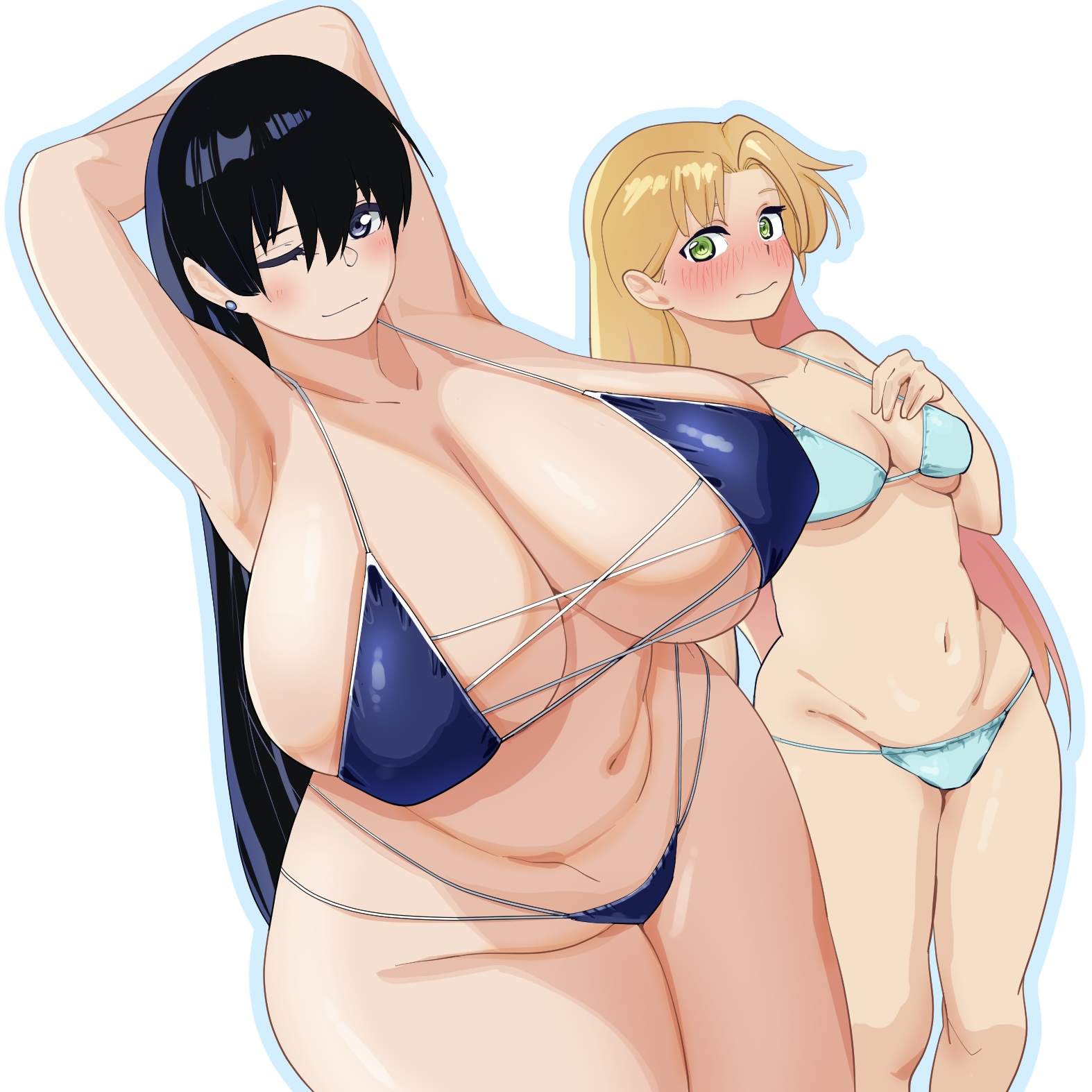 2girls, arato nagi, arms behind head, big breasts, bikini, bikini bottom, bikini top, black eyes, black hair, blonde hair, blue bikini, blush, blushing profusely, bottomwear, breasts, cleavage, ear piercing, earrings, female, female only, green eyes, hair, hips, huge breasts, large breasts, long hair, micro bikini, one eye closed, plump, qaz shibashi, ruri no houseki, small breasts, swimwear, tanigawa ruri, thighs, topwear, voluptuous, voluptuous female, white background