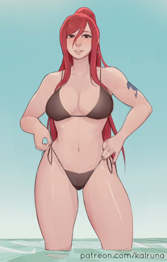 1girls, 2d, arm tattoo, bikini, black bikini, blue tattoo, erza scarlet, fairy tail, fairy tail mark, female, female only, fit female, fit woman, kalruna, red hair, red-haired female, shoulder tattoo, solo, swimsuit, tattoo, water