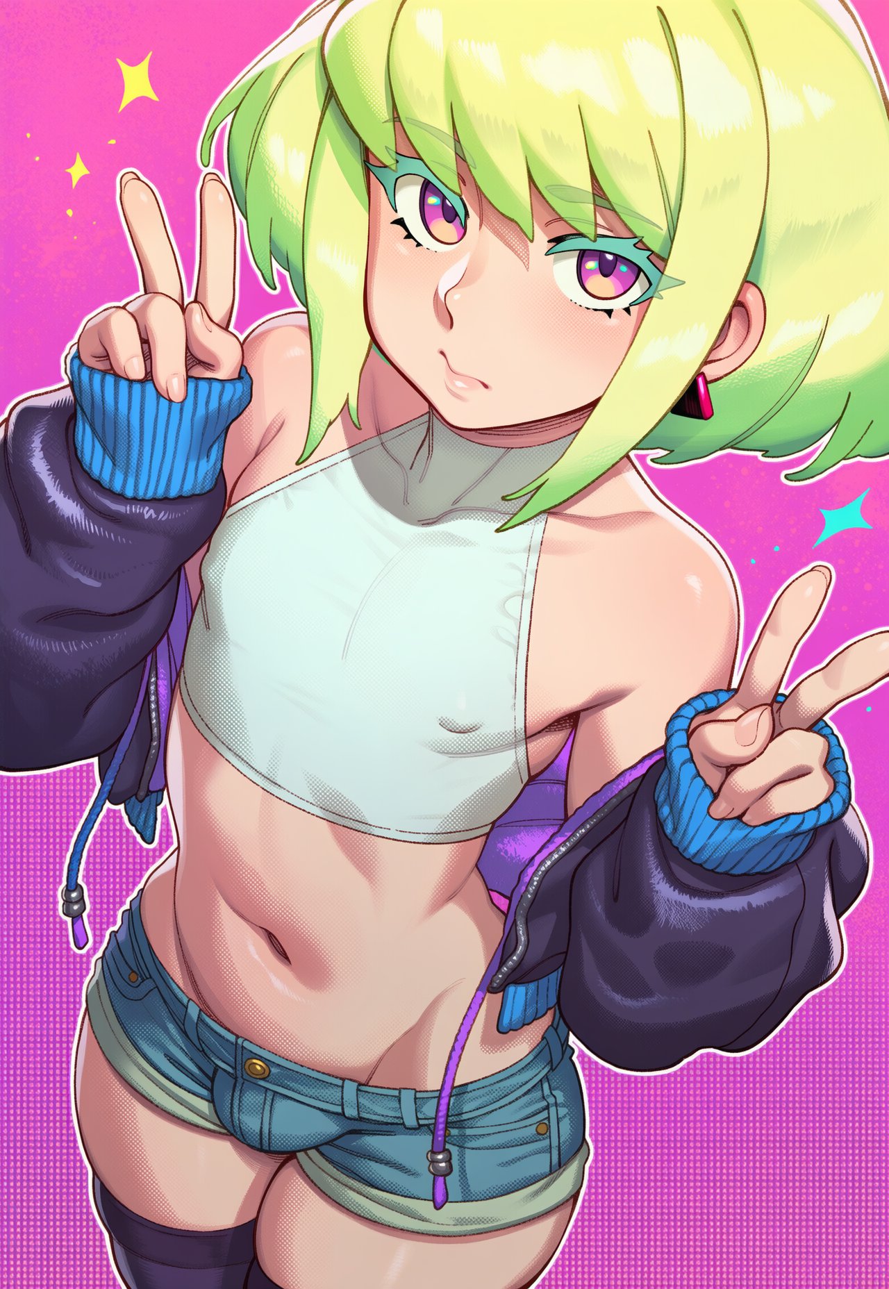 1boy, ai generated, crop top, daisy dukes, demerzel, femboy, femboy only, lio fotia, solo