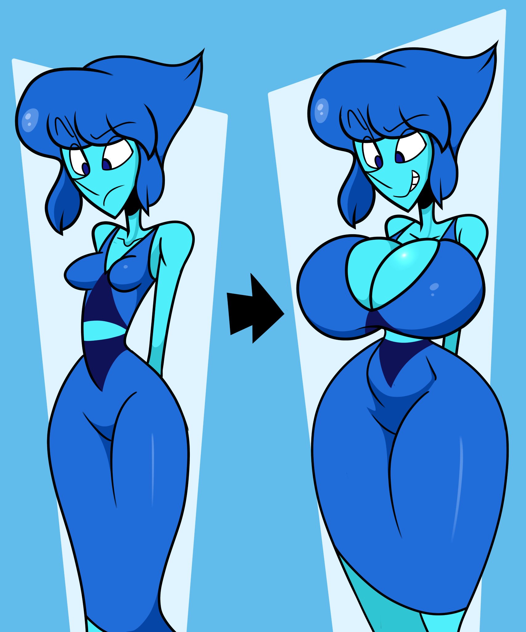 1girls, 2020, absurd res, alien, arms behind back, ass expansion, before and after, blue background, blue body, blue dress, blue eyes, blue hair, blue skin, breast expansion, breast growth, breast growth (enlargement), breasts, clothed, comparing, comparing breasts, eyebrows visible through hair, female, female only, fujiweeb, gem (species), grin, grinning, hi res, hourglass figure, huge breasts, lapis lazuli (steven universe), looking at breasts, pointing arrows, simple background, small breasts, smiling, solo, solo female, steven universe, tight clothing, tight dress, transformation