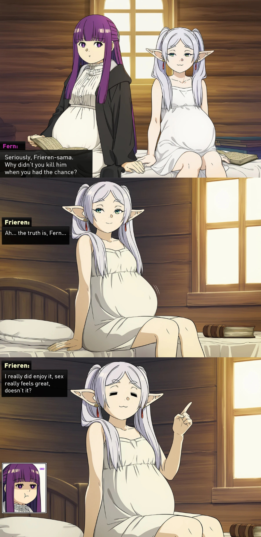 :3, 2girls, ai generated, ai4fun, bare thighs, breasts, closed eyes, comic, elf, elf ears, elf female, female, fern (sousou no frieren), frieren, gigantic breasts, green eyes, huge breasts, huge thighs, light skin, light-skinned female, long hair, massive breasts, mature female, pregnant, pregnant female, purple eyes, purple hair, smiling, sousou no frieren, thick body, thick female, thick thighs, thighs, twintails, voluptuous, voluptuous female, white hair