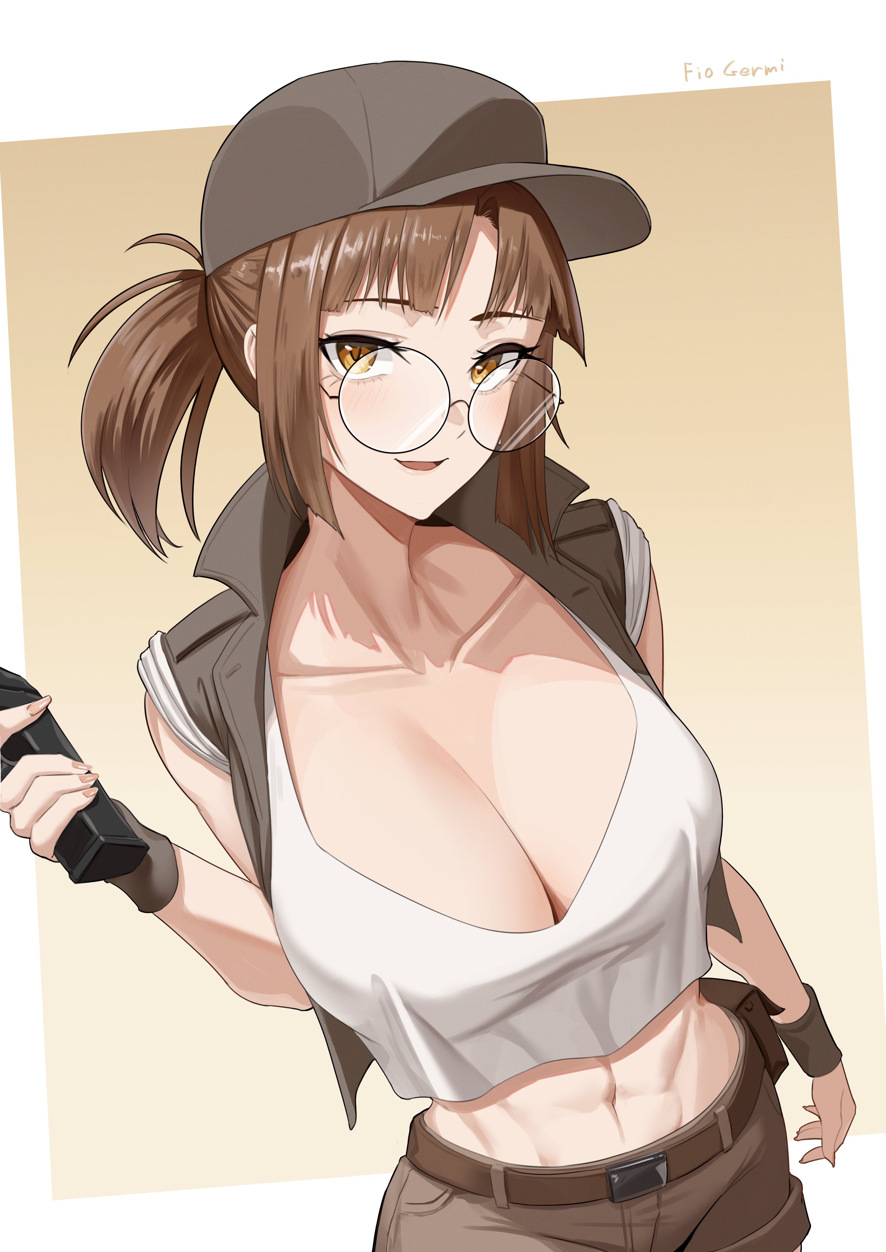 abs, absurdres, belt, black belt, breasts, brown eyes, brown hair, brown hat, brown shorts, brown vest, character name, cleavage, closed mouth, commentary, crop top, english commentary, female, field cap, fio germi, glasses, hat, highres, large breasts, looking at viewer, metal slug, midriff, navel, open clothes, open vest, ponytail, round eyewear, shorts, smile, solo, stomach, toned, toned female, vest, zenya