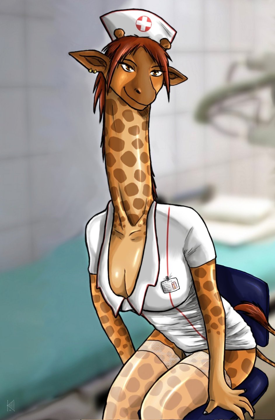 1girls anthro big_breasts breasts brown_eyes brown_hair cleavage earrings female_focus female_only giraffe horns kadath kadath_universe looking_at_viewer nurse nurse_uniform puzzle_(kadath) simple_background solo transparent_clothing