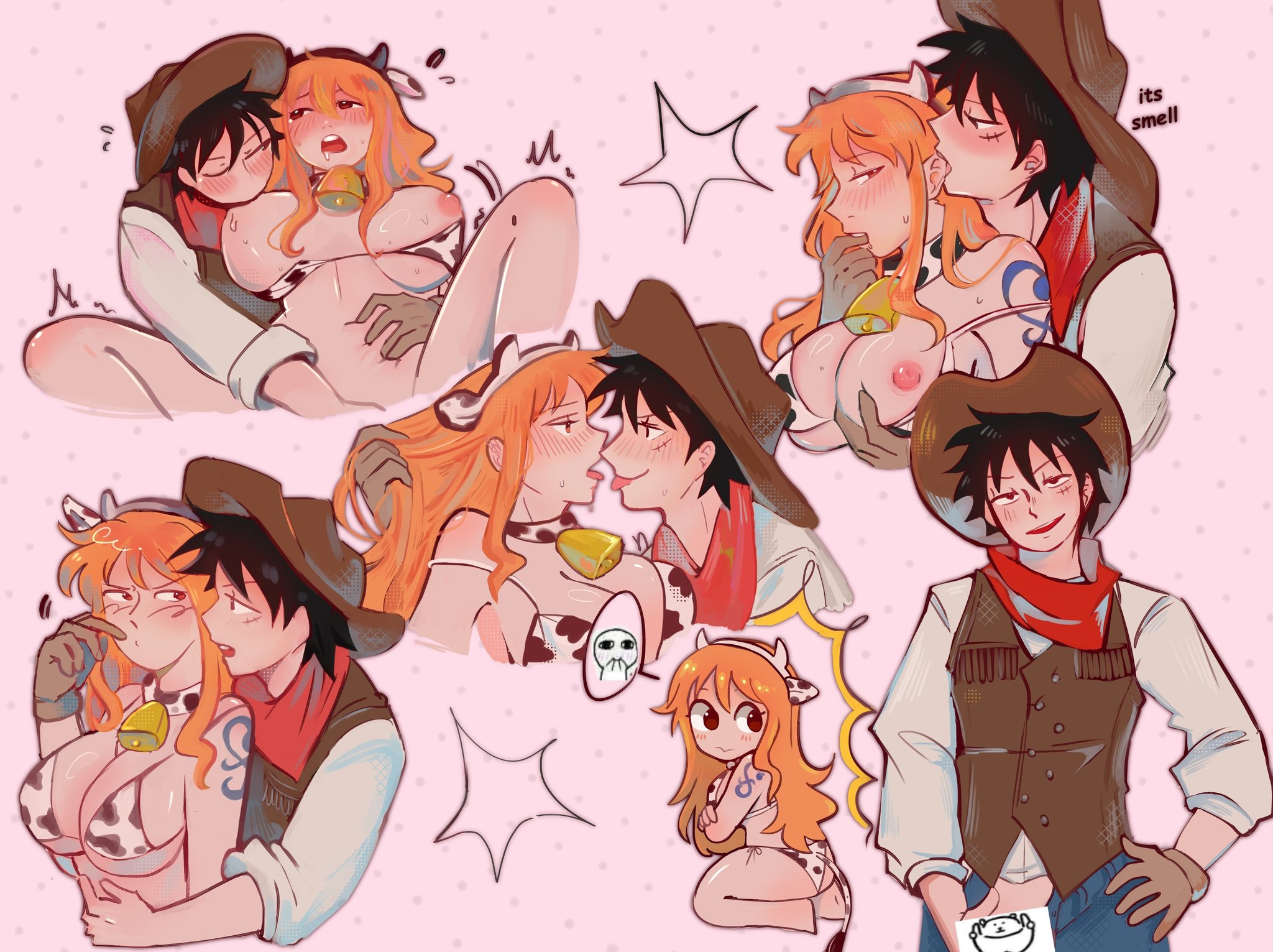 1boy, 1girls, arm tattoo, artist request, big breasts, black hair, black-haired male, blue tattoo, breasts, cow ears, curvy, curvy body, curvy female, curvy figure, female, grabbing, grabbing from behind, male, monkey d luffy, nami (one piece), one piece, orange hair, orange-haired female, sucking nipples, tattoo