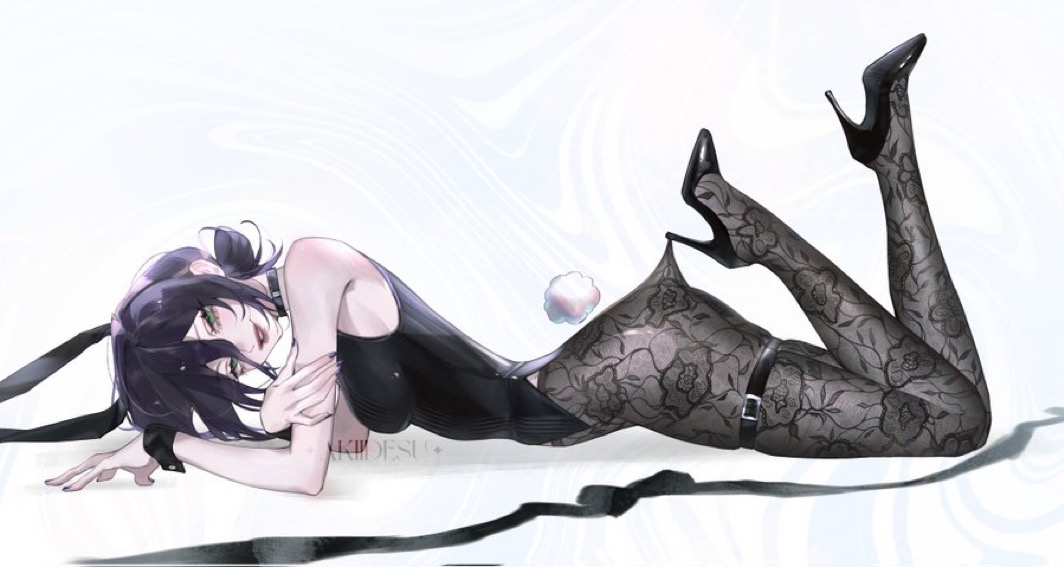 1girls, akiidesu, animal ears, ass, bare shoulders, black footwear, black leotard, black pantyhose, breasts, bunny ears, bunny tail, bunnysuit, chainsaw man, choker, fake animal ears, fake tail, female, fishnets, from side, full body, green eyes, high heels, lace pantyhose hooked on heel (meme), legs up, leotard, looking at viewer, lying, meme, nail polish, on stomach, pantyhose, playboy bunny, purple hair, purple nails, reze (chainsaw man), solo, strapless, strapless leotard, tail, thigh strap, tied hair