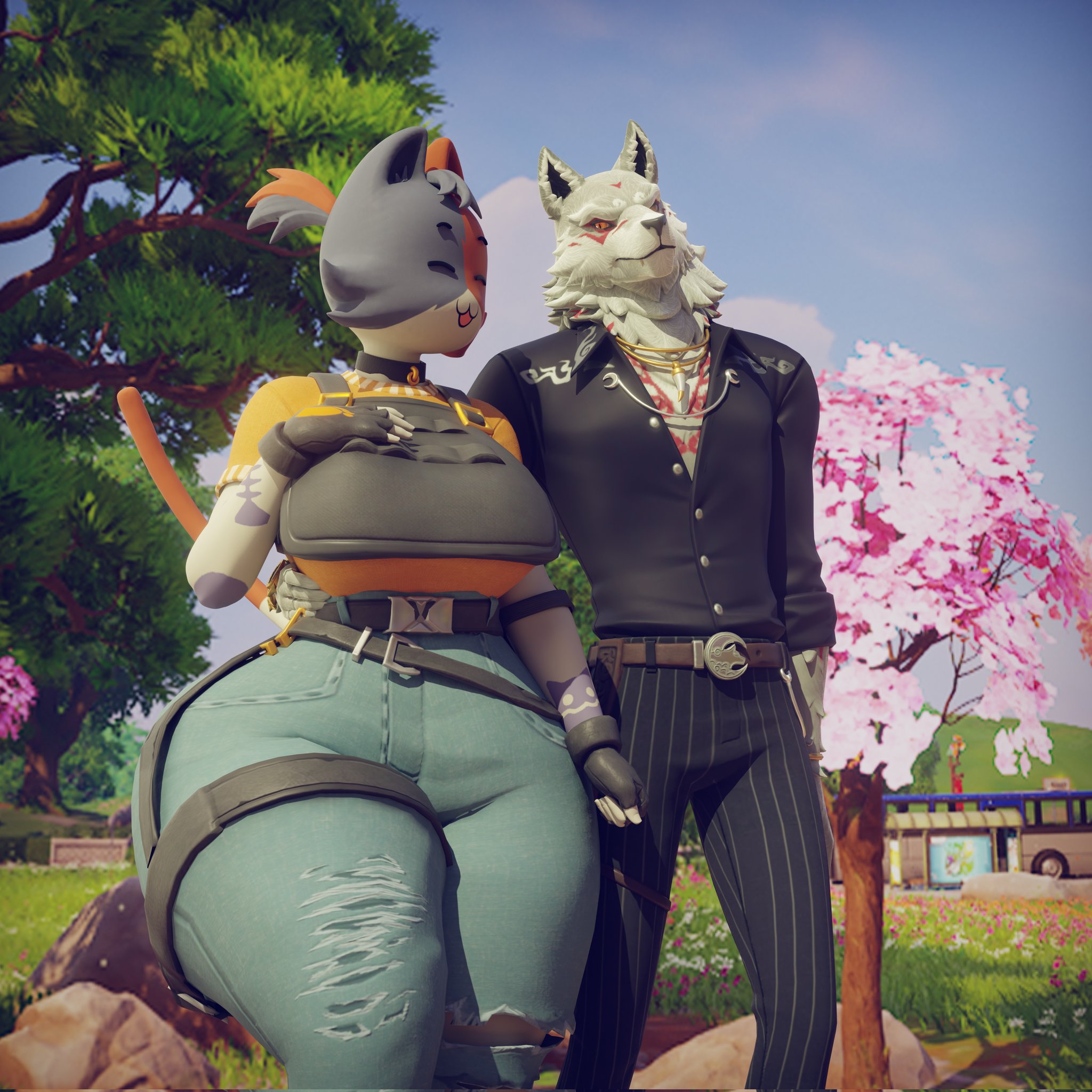 1boy1girl, 3d, 3d (artwork), anthro, big breasts, breasts, canid, canine, canis, cate meowdy (fortnite), ctgiantess, felid, feline, female, fletcher kane, fortnite, fortnite: battle royale, huge ass, hyper ass, male, tagme, thick thighs, wide hips, wolf