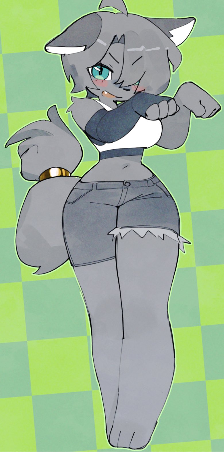 1anthro, 1furry, 1girls, 2020s, 2025, 2d, 3 toes, 4 fingers, anthro, anthro female, anthro only, bandaged arm, big boobs, big breasts, black nose, blue bandaged arm, blue shorts, blush, blushing female, boobs, breasts, canid, canine, commission, commission art, commissioner upload, desideriumheart (commissioner), digital drawing (artwork), digital media (artwork), ears down, female, female anthro, female focus, female only, flat background, fluffy body, fluffy tail, full body, furry, furry female, furry only, green background, grey, grey body, grey fur, grey hair, hana (desideriumheart), hi res, huge boobs, huge breasts, jean shorts, jpeg, large boobs, large breasts, long tail, midriff, midriff baring shirt, navel, oc, open mouth, original, original character, portrait, round boobs, round breasts, shorts, small waist, tagme, tail ring, tall female, taller female, tank top, thick tail, thick thighs, torn shorts, wamudraws, white shirt, white tank top, wide hips, wolf, wolf ears, wolf girl, wolf tail