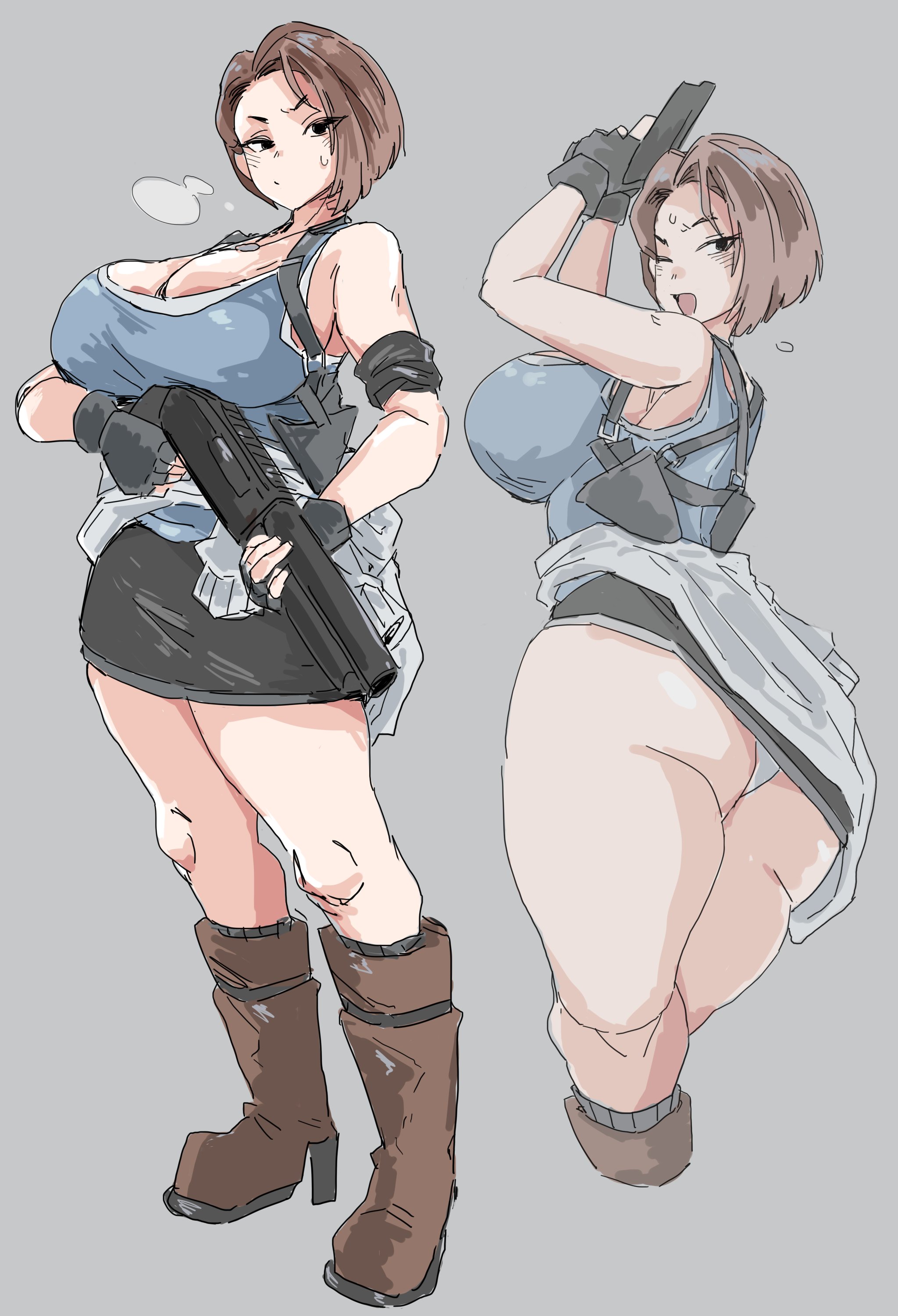 1girls, ass, bamman, big ass, big breasts, boots, breasts, brown hair, cleavage, clothing, curvaceous, female, female only, fingerless gloves, gloves, gun, handgun, holding, holding gun, holding weapon, huge breasts, jill valentine, large breasts, looking at viewer, looking back, multiple views, panties, pistol, resident evil, resident evil 3, resident evil 3 remake, short hair, skirt, thick thighs, thighs, trigger discipline, underwear, weapon
