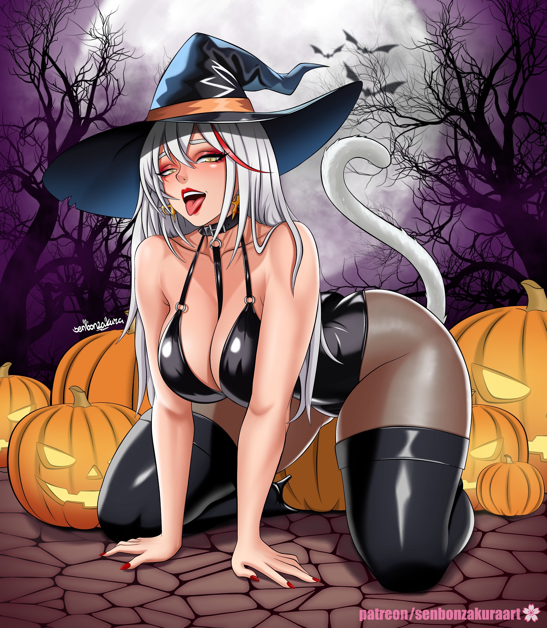 1girls, 2d, aegir (azur lane), agir (azur lane), azur lane, big breasts, big thighs, blonde female, blonde hair, breasts, bust, busty, chest, curvaceous, curvy, curvy figure, digital media (artwork), female, halloween, halloween costume, halloween decoration, halloween pumpkin, halloween theme, hat, hips, huge thighs, kneeling, knees, large breasts, large thighs, latex, latex bra, latex legwear, latex skinsuit, latex suit, legs, light skin, light-skinned female, on all four, on all fours, on fours, on knees, pumpkin, senbonzakuraart, slim waist, stockings, tail, thick, thick hips, thick legs, thick thighs, thighs, tongue, tongue out, voluptuous, waist, white hair, wide hips, wide thighs, witch, witch costume, witch hat