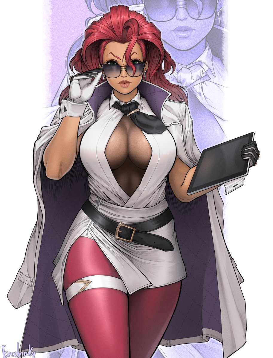 2d, adjusting eyewear, busty, capcom, cleavage, crimson viper, erodrunky, female, female focus, female only, hourglass figure, long hair, looking over eyewear, looking over sunglasses, milf, red hair, street fighter, street fighter 6, sunglasses, tagme, tan, tan skin, tan skinned female, tinted eyewear, wide hips