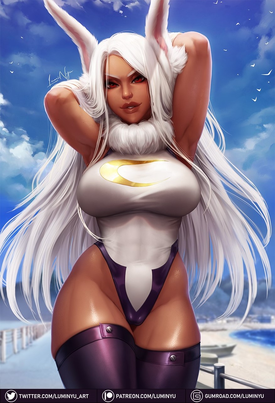 1girls, armpits, arms behind back, arms up, big breasts, breasts, brown body, brown skin, bunny, bunny ear, bunny ears, bunny girl, busty, clothed, clothing, dark skin, dark-skinned female, female, female human, female only, full lips, hero outfit (mha), human, kemonomimi, large breasts, leotard, long ears, long hair, looking at viewer, luminyu, mature female, miruko, muscles, muscular, muscular female, my hero academia, rabbit ears, rabbit humanoid, red eyes, rumi usagiyama, smile, solo, solo focus, standing, superhero costume, superheroine, tagme, thick thighs, thighhighs, thighs, tight clothing, tight fit, variant set, very long hair, white fur, white hair