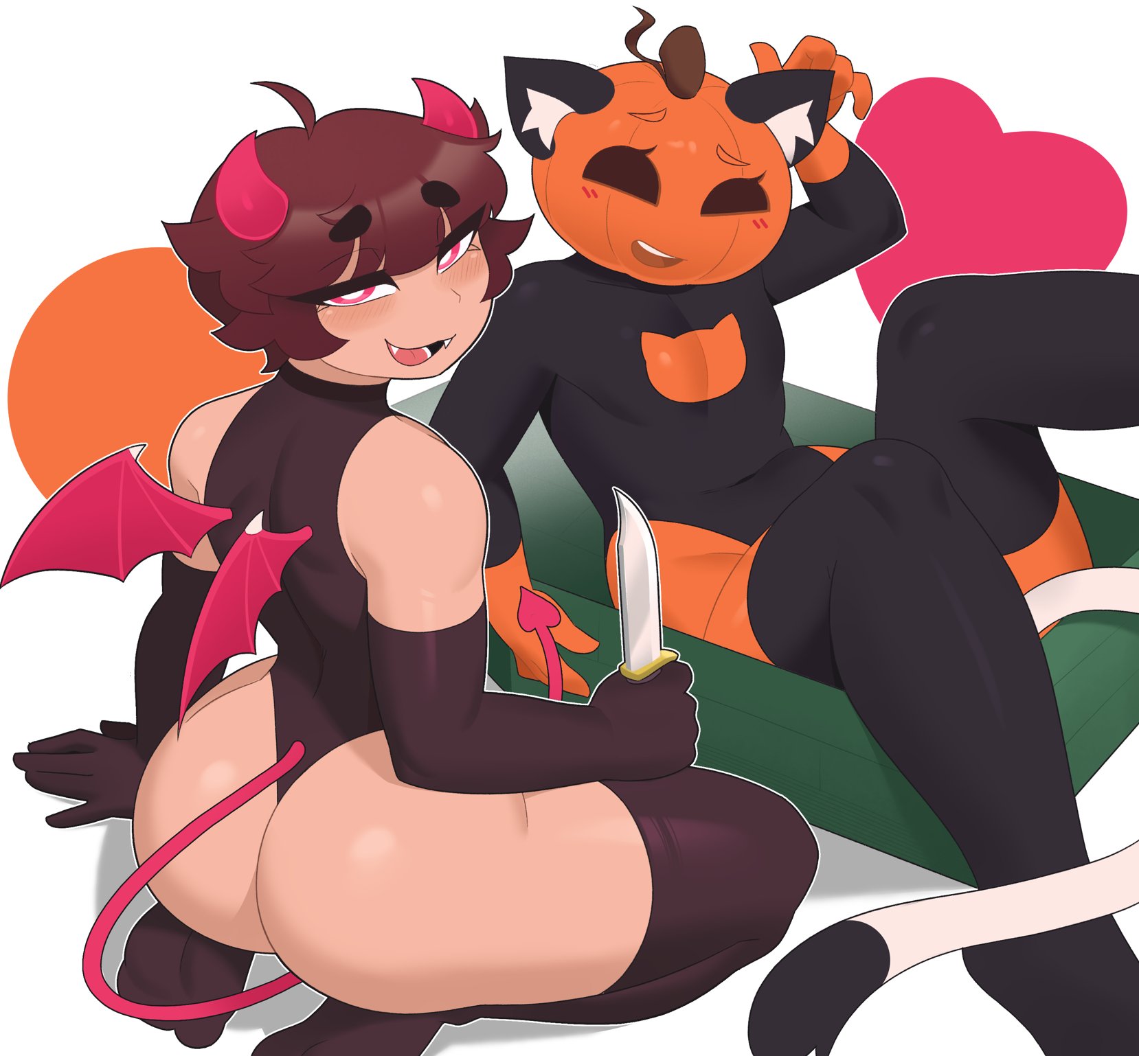 2boys, armwear, ass, blush, blush lines, boo (exqmaster), devil tail, exqmaster, fangs, femboy, knife, looking at viewer, looking back, male, pumpkin, pumpkin head, red eyes, smile, stockings, thighhighs, thighs, wings