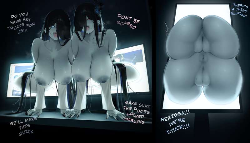 2girls, all fours, anus, arched back, areolae, bent over, big ass, big breasts, big nipples, black hair, blue eyes, breasts, breasts out, coming out of screen, dialogue, female, female only, flirting, ghost, ghost girl, hololive, hololive english, hololive english -advent-, hololive english -council-, hololive english -promise-, horns, huge breasts, large breasts, layer cake, leaning on table, long hair, nerissa ravencroft, nipples, open mouth, ouro kronii, pale skin, pale-skinned female, portal, prab, pussy, red eyes, sadako yamamura (cosplay), sagging breasts, smile, stacked lady, stacking, steam, stuck, take your pick, text, trapped, very long hair, virtual youtuber, white skin