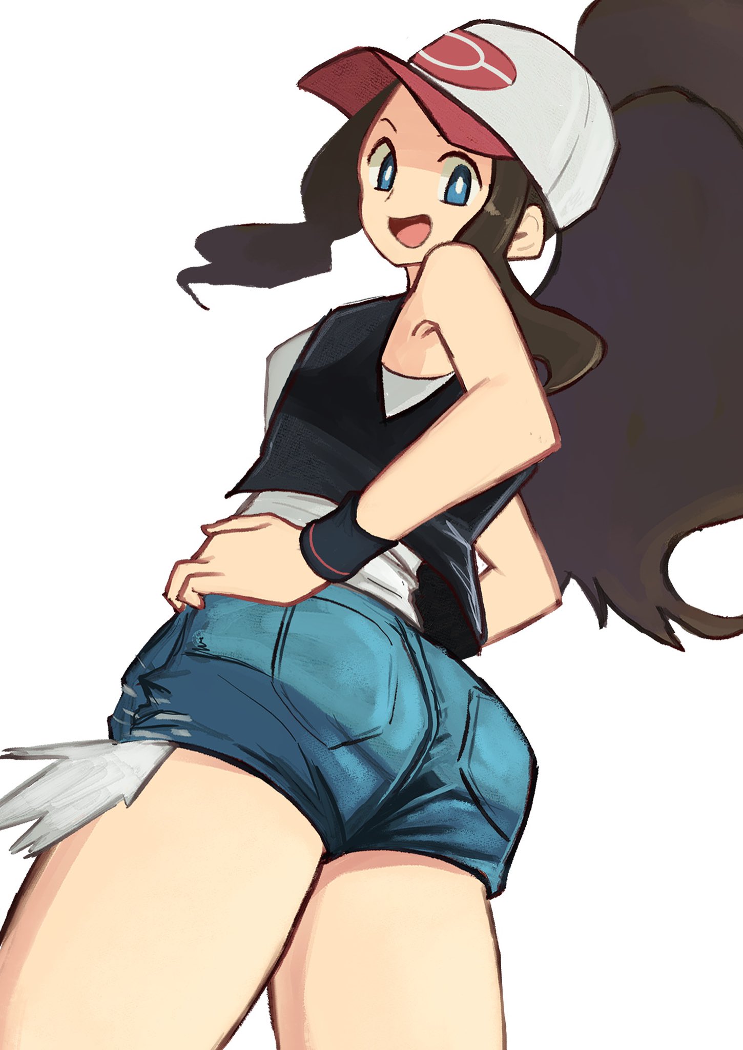 1girls, ass, baseball cap, black vest, blue eyes, breasts, brown hair, cutoffs, denim, denim shorts, exposed pocket, female, game freak, hat, high ponytail, highres, hilda (pokemon), long hair, looking at viewer, nintendo, open clothes, open mouth, open vest, poke ball print, pokemon, pokemon bw, ponytail, shirt, short shorts, shorts, sidelocks, simple background, smile, solo, tikuwabu 33, vest, white background, white shirt, wristband