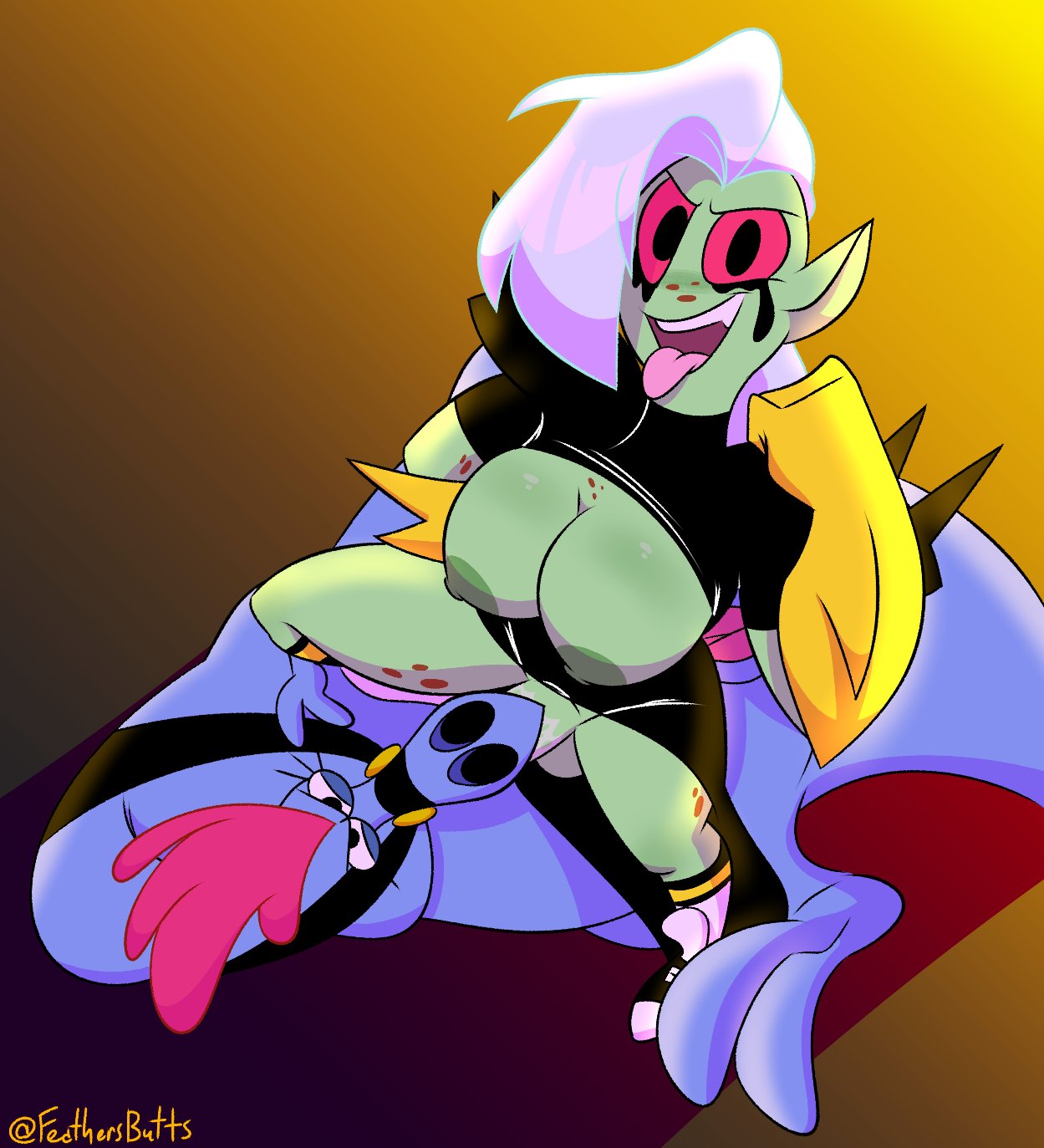 1futa 1girls breasts breasts_out disney feathers-ruffled fellatio female furry futa_on_female futadom futanari green_skin lord_dominator nipples open_mouth oral_penetration oral_sex red_hair sex smile sylvia_(wander_over_yonder) tail tongue tongue_out two_toes wander_over_yonder white_hair