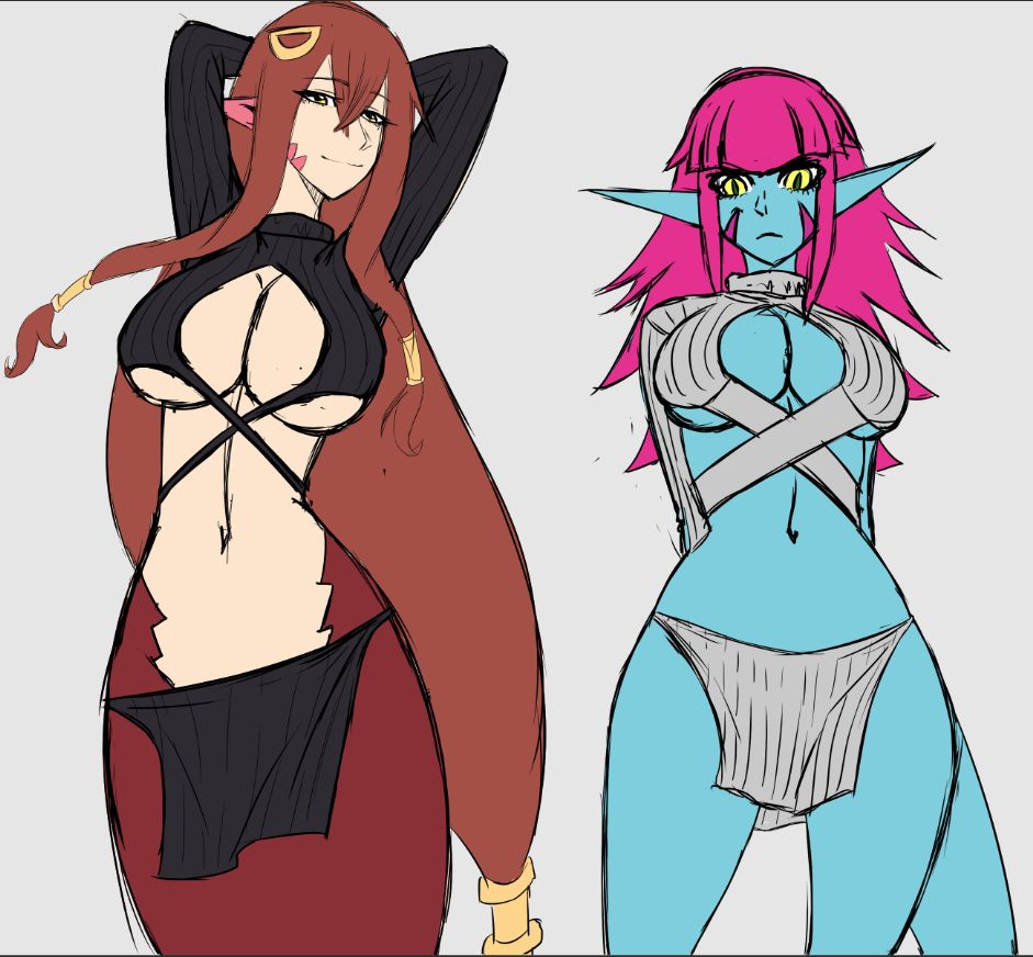 2girls alien alien_girl alien_humanoid arms_up big_breasts blue_skin breasts clothed clothed_female dinaurian draconcopode drawn duna_nichs evolved_virgin_killer_sweater facial_markings fair_skin female female_only fossil_fighters hair_ornament humanoid kayserend lamia light-skinned_female long_ears long_hair looking_at_viewer magenta_hair miia's_mother_(monster_musume) milf monster_girl monster_musume_no_iru_nichijou multiple_girls nintendo pov red_hair tagme wip yellow_eyes