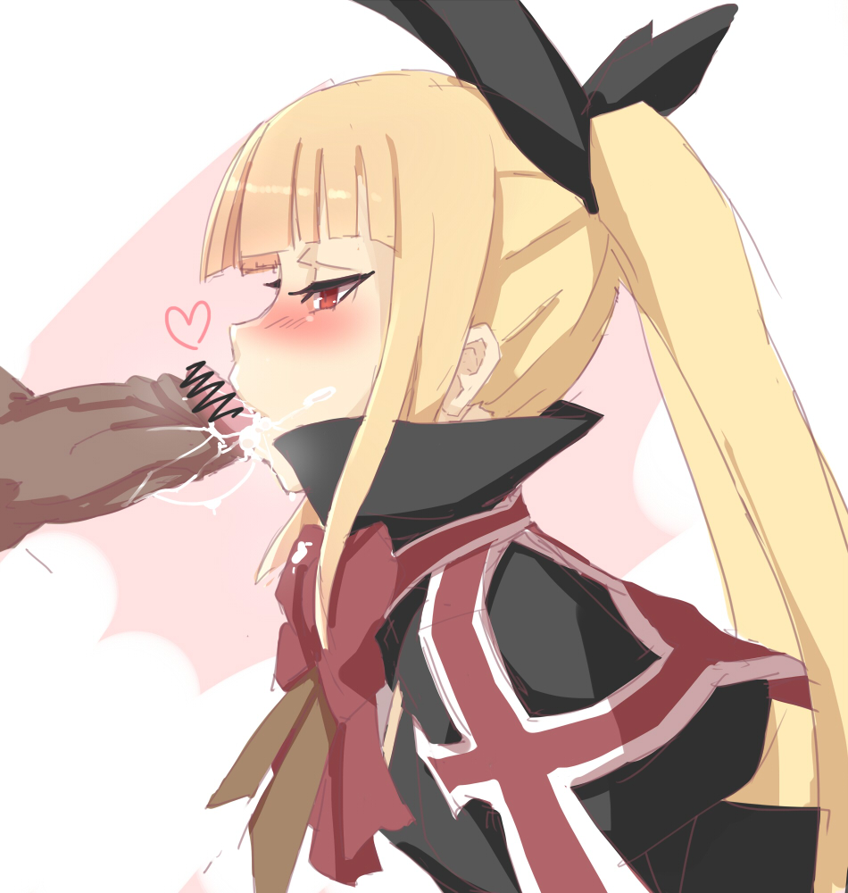 blazblue blonde_hair cum cum_in_mouth cum_inside dark-skinned_male dark_skin fellatio female interracial male oral oral_sex penis rachel_alucard red_eyes sex twintails vampire