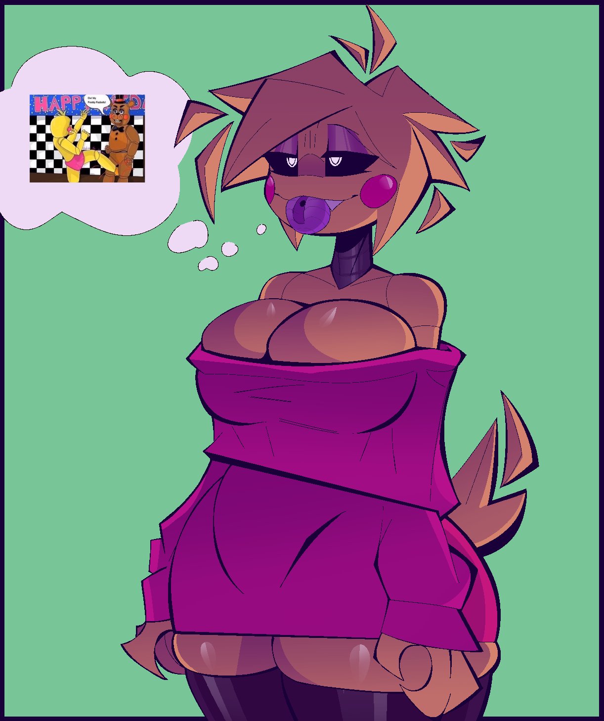 1female 1girl 1girls 2024 animatronic anthro big_ass big_breasts big_butt big_thighs black_eyes blush breast_exposed breasts_out chicken chicken_girl clothed female female_only five_nights_at_freddy's five_nights_at_freddy's_2 funny meme_in_the_background no_visible_genitalia pink_clothing robot robot_girl solo spiky_hair tail thick_thighs thighhighs thighs thought_bubble tongue tongue_out toy_chica_(fnaf) toy_freddy_(fnaf) video_game video_game_character video_games white_eyelids xexeezy