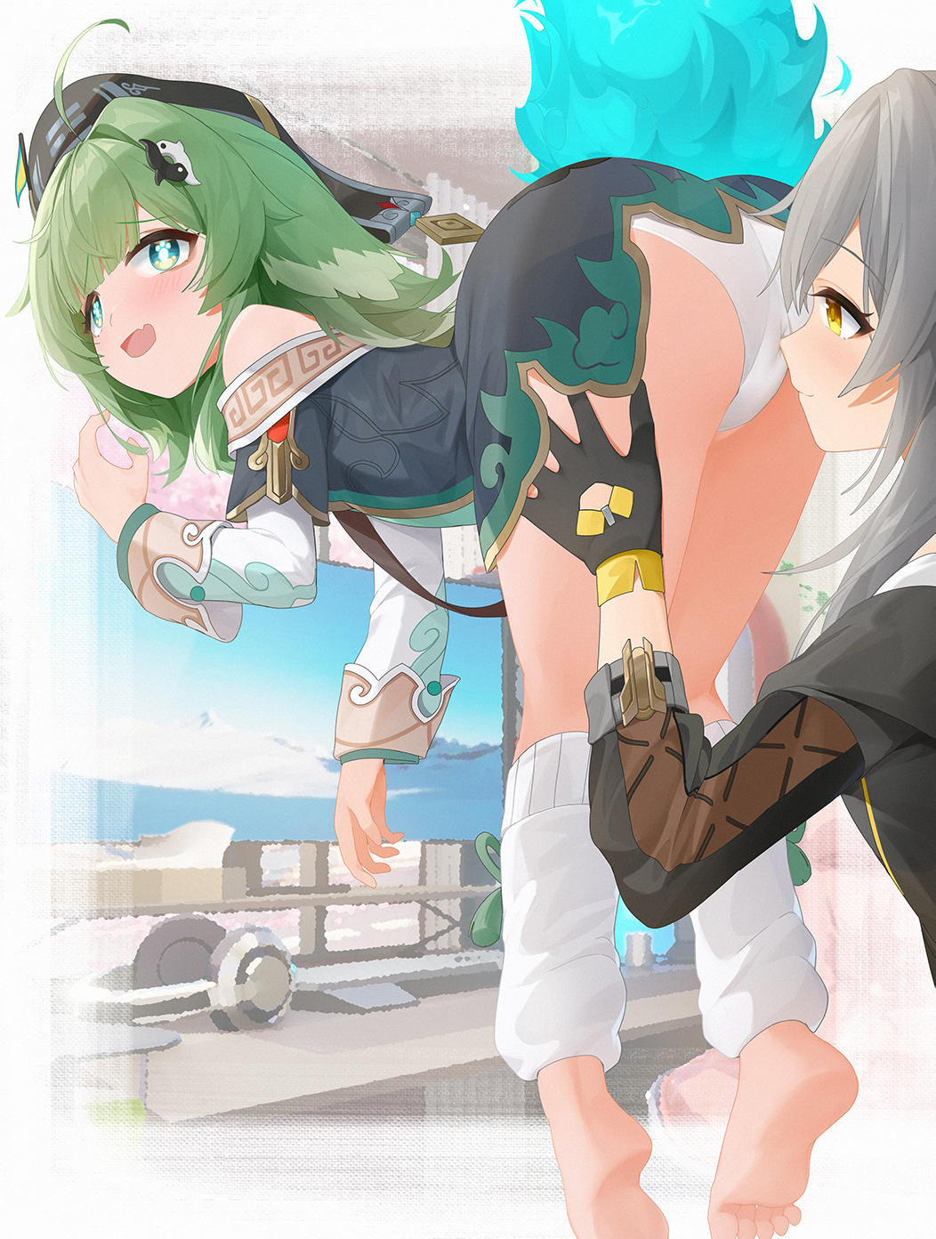 2girls ahoge animal_ears ass bare_shoulders barefoot bent_over black_gloves black_jacket blue_fire computer fiery_tail fire flag fox_ears fox_girl ghost_tail gloves green_eyes green_hair grey_hair hair_ornament hand_on_another's_thigh hat headphones highres honkai:_star_rail honkai_(series) huohuo_(honkai:_star_rail) jacket long_hair long_sleeves medium_hair monitor multiple_girls open_mouth paid_reward_available panties paw-shaped_pupils smelling_crotch smelling_pussy stelle_(honkai:_star_rail) tail underwear upskirt white_leg_warmers white_panties wood_cube yellow_eyes yellow_trim yin_yang yin_yang_hair_ornament yuri