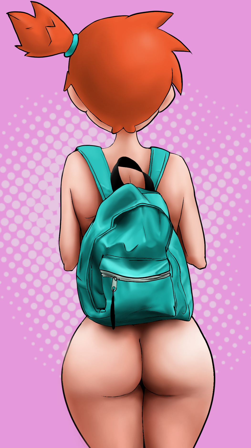 1girls ass back backpack bag big_ass bottomless casual curves curvy female female_focus female_only from_behind hair_ribbon human kasumi_(pokemon) large_ass looking_away mostly_nude naked nintendo nude nude_female orange_hair pale_skin petite phil123 pokemon pokemon_sm solo source_request standing turned_away wide_hips