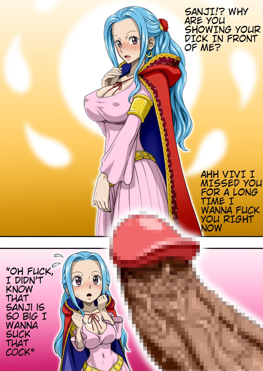 1boy, 1girls, blue hair, blue-haired female, censored, dark skin, dark-skinned male, female, female focus, flashing, hoop earrings, male, mosaic censoring, nefertari vivi, nel-zel formula, one piece, penis, penis awe, prince, princess, royalty, sanji, surprised, text, unseen male face, veiny penis, vinsmoke sanji