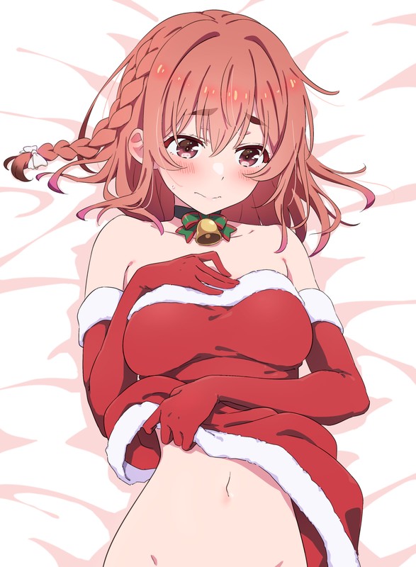 1girls absurdres bare_shoulders beazy bed_sheet bell black_choker blush braid breasts choker christmas christmas_outfit closed_mouth collarbone commentary_request cute dress elbow_gloves female gloves green_ribbons groin hand_on_own_chest highres kanojo_okarishimasu kiikii_(kitsukedokoro) lying lying_on_bed medium_breasts navel neck_bell neck_ribbon on_bed out-of-frame_censoring red_dress red_eyes red_gloves red_hair ribbon sakurasawa_sumi santa_costume short_hair single_braid solo