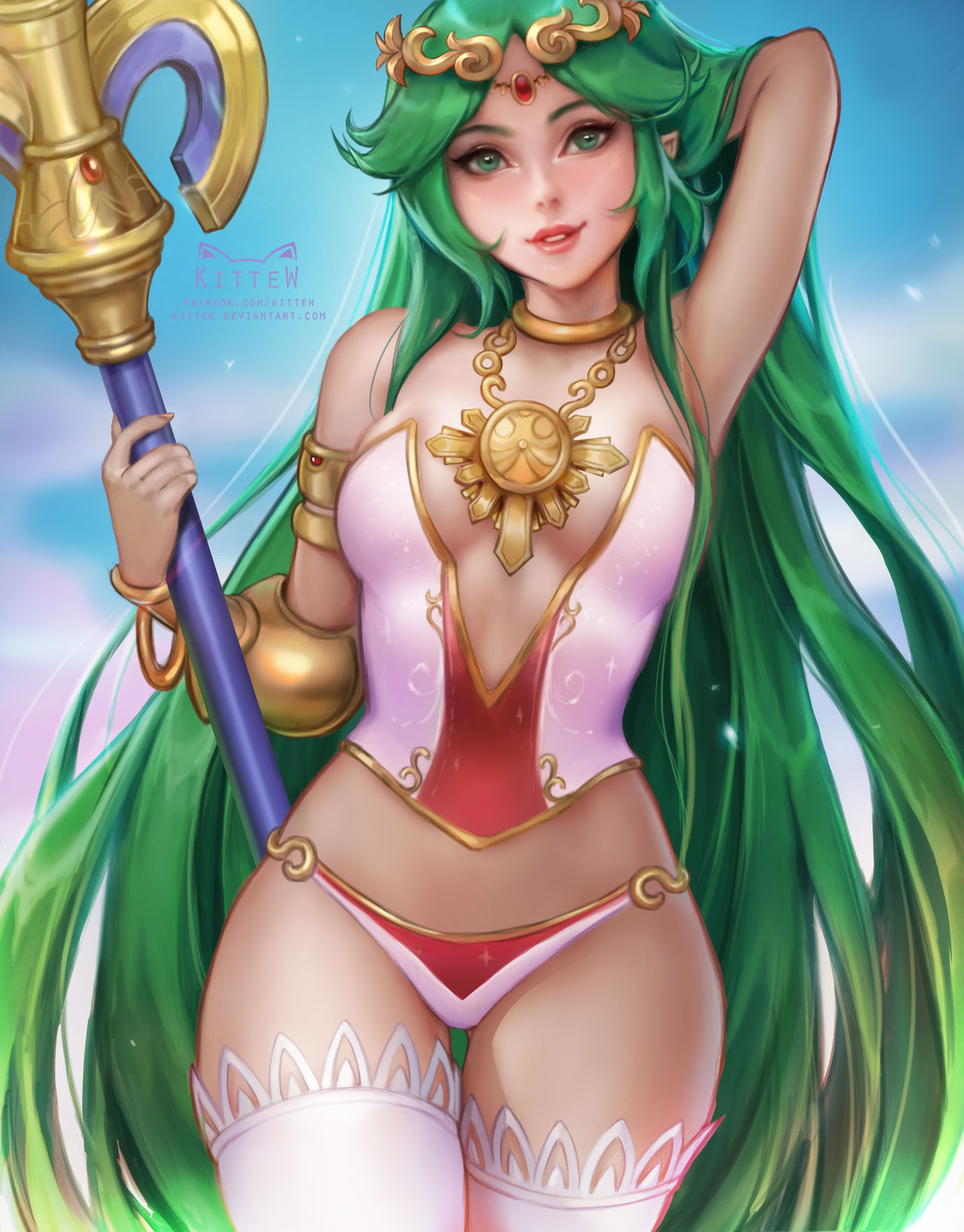 bracelet, corset, crown, female, green eyes, green hair, kid icarus, kittew, mostly clothed, necklace, palutena, panty, solo, staff, stockings, thick thighs