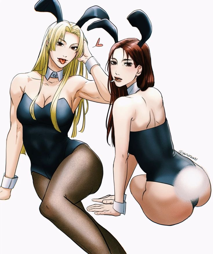 bare_back big_ass blonde_hair brown_hair bunny_costume bunny_ears bunny_girl bunnysuit cleavage curvy_body curvy_female curvy_hips fat_ass jujutsu_kaisen long_hair muscular_female petite_female playboy playboy_bunny pose shoko_ieiri smoking_cigarette thick_thighs two_girls yuki_tsukumo yunonoaii