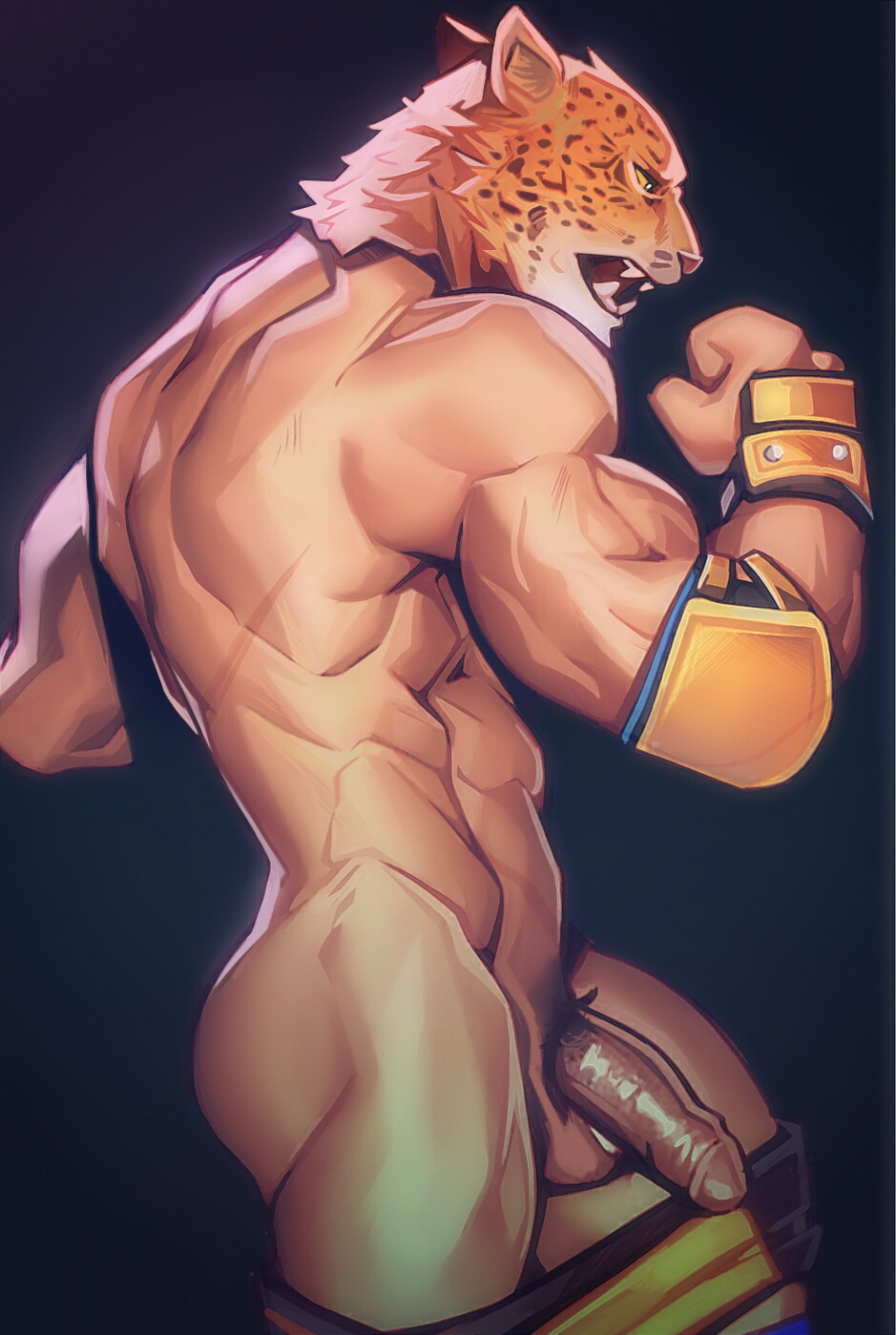 1boy, animal mask, balls, bandai namco, bara, big balls, big penis, completely nude, felid, flaccid, gay, jaguar, king (tekken), male, male focus, male only, male pubic hair, masculine male, mask, masked, muscular, muscular male, nude, nude male, pantherine, penis, pubic hair, solo, solo male, tekken, wrestler, yaoi