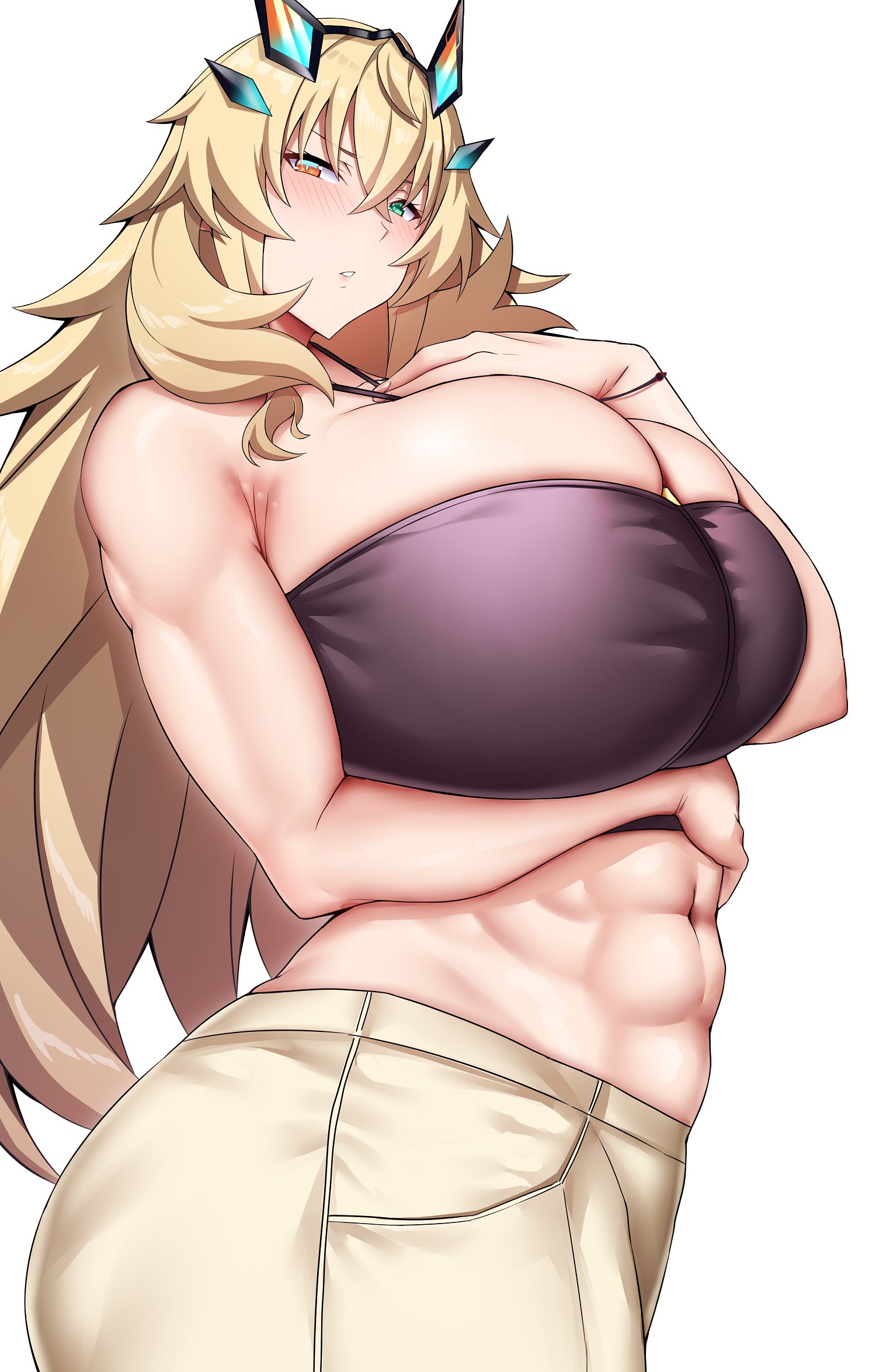 1girls, abs, arind yudha, athletic, athletic female, barghest (gawain) (fate), big breasts, blonde, blonde female, blonde hair, blonde-haired female, breasts, fate (series), fate/grand order, female, heterochromia, light skin, light-skinned female, looking at viewer, midriff, milf, muscle mommy, muscles, muscular, muscular female, navel, tall female, tall woman, toned, toned female