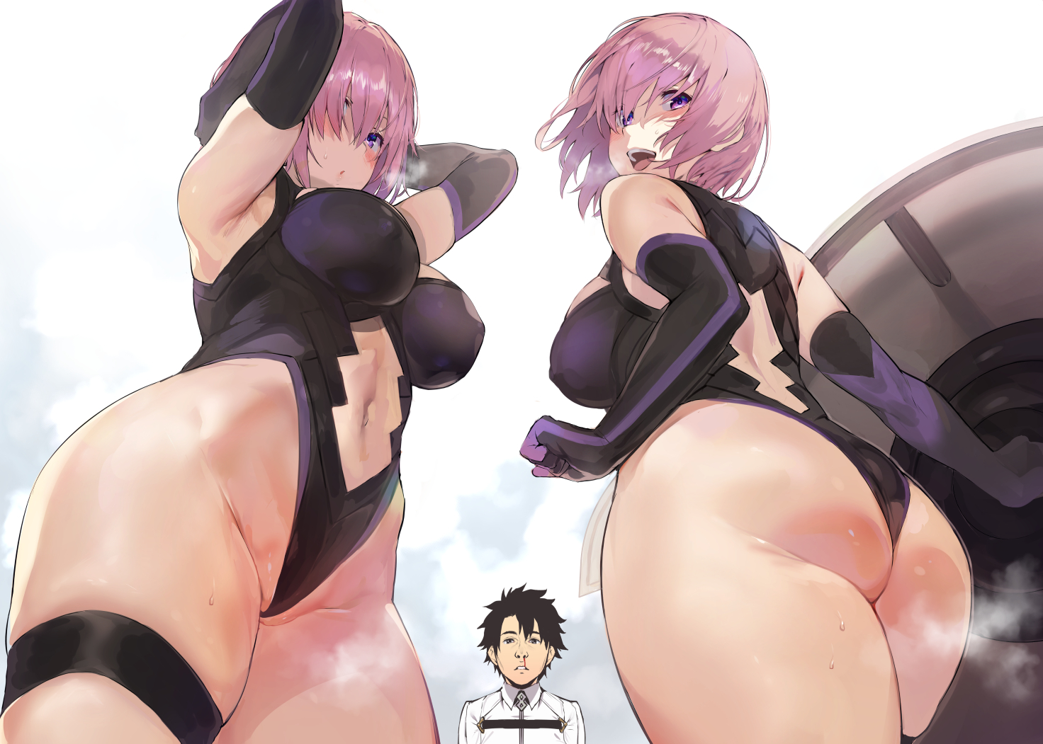 1boy, 1girls, ass, ass focus, big ass, big breasts, breasts, cleavage, fate (series), fate/grand order, female, fujimaru ritsuka (male), funny, iku (ikuchan kaoru), large breasts, light skin, light-skinned female, male, mash kyrielight, solo focus