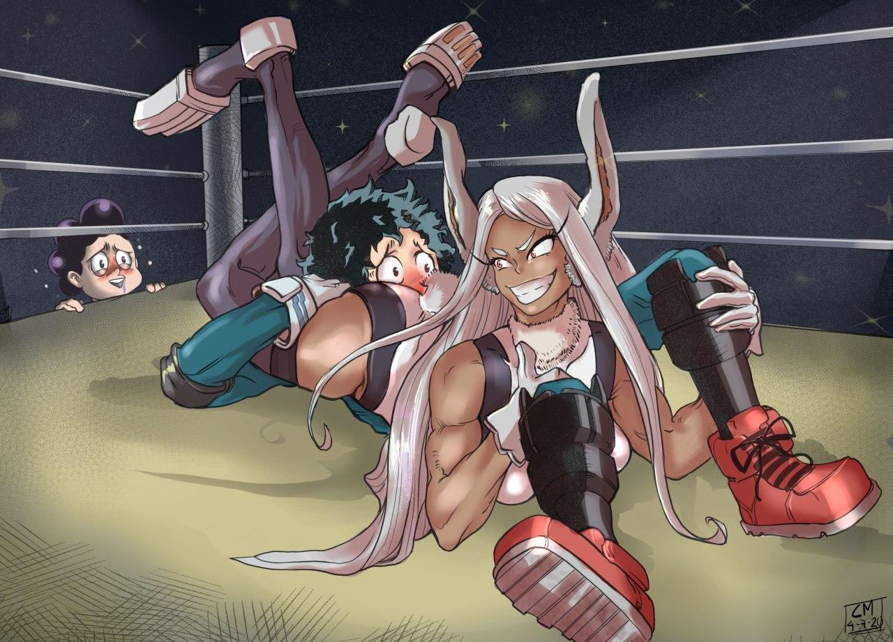 1girls, 2boys, blush, bunny ears, dark skin, dark-skinned female, facesitting, female, green clothing, green eyes, green hair, headscissor, hero outfit (mha), izuku midoriya, leg lock, leotard, looking at another, male, minoru mineta, miruko, my hero academia, rabbit ears, red eyes, red shoes, rumi usagiyama, smile, white hair, wrestling, wrestling ring