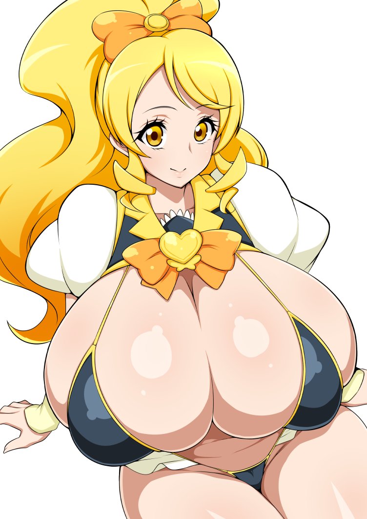 1girls alternate_breast_size barely_contained_breasts big_breasts bikini blonde_hair bow busty cure_honey curvaceous curvy curvy_body curvy_female curvy_figure female female_only giant_breasts gigantic_breasts huge_breasts jabara_tornado oomori_yuuko ponytail precure pretty_cure solo thick_thighs thighs voluptuous white_background yellow_eyes