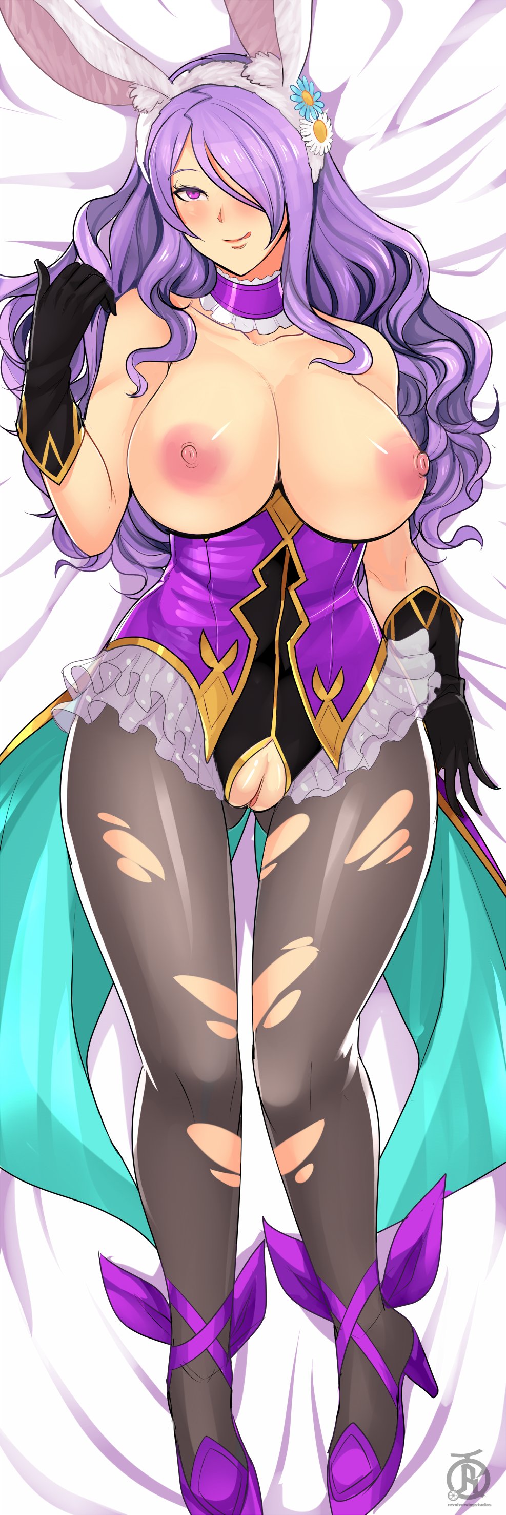 big breasts, black gloves, breasts, bunny ears, bunny girl, bunnysuit, camilla (fire emblem), color, dakimakura, female, female only, fire emblem, fire emblem fates, fire emblem heroes, gloves, high heels, licking lips, long hair, mature female, nintendo, nipples, purple eyes, purple hair, revolverwingstudios, solo, solo female, solo focus, thick thighs