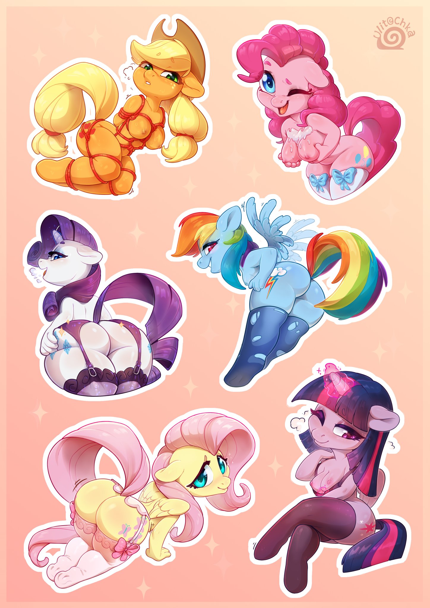 6girls, alicorn, all fours, anthro, anthrofied, applejack (mlp), arms behind back, ass, bent over, bondage, bound, breast bondage, breasts, chibi, cleavage, clothing, cute, earth pony, female, female only, fluttershy (mlp), friendship is magic, furry, garter straps, lace-trimmed thighhighs, legs together, looking at viewer, looking away, looking back, magic, mane six (mlp), my little pony, nipples, one eye closed, pantyhose, pegasus, pinkie pie (mlp), presenting, presenting hindquarters, rainbow dash (mlp), raised tail, rarity (mlp), red rope, rope, rope bondage, simple background, smile, stockings, straight hair, thighhighs, twilight sparkle (mlp), ulitochka, unicorn, wink