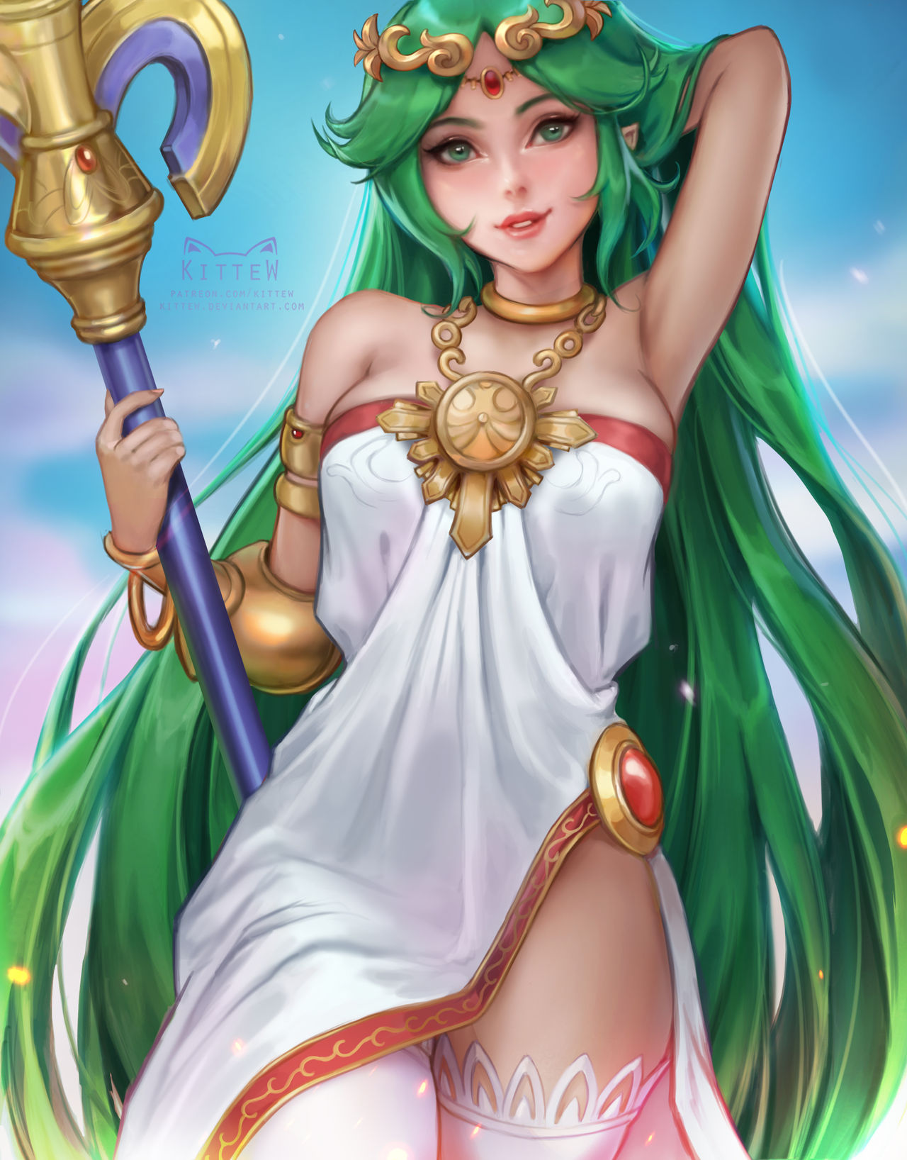 1girls arm_up armpits bracelet crown dress female green_eyes green_hair kid_icarus kittew necklace palutena solo staff stockings thick_thighs thighhighs toga