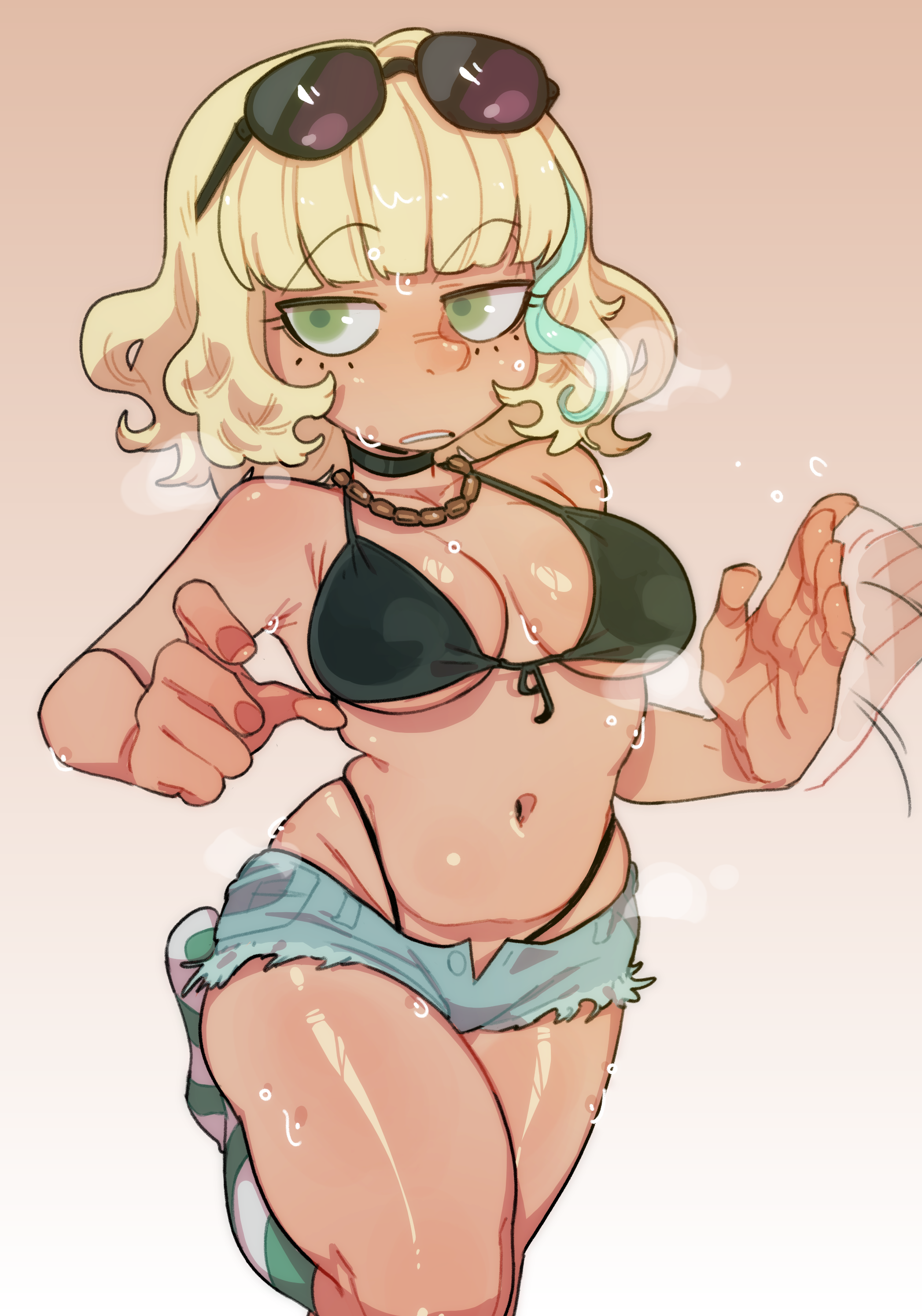 1girls, blonde hair, disney, disney channel, disney xd, female, freckles, green eyes, hi res, jackie lynn thomas, knuxy, minishorts, shiny skin, short hair, solo, star vs the forces of evil, sunglasses, sunglasses on head, sweat, tan-skinned female, topwear, white female