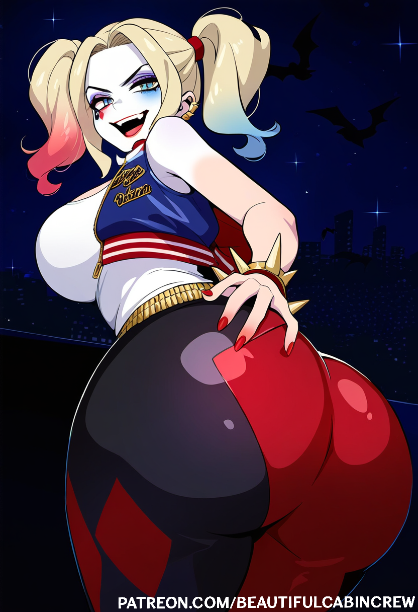 2024 ai_generated ass ass_focus ass_grab batman_(series) beautifulcabincrew blonde_hair blue_eyes clothed dc dc_comics harley_quinn jacket makeup twintails