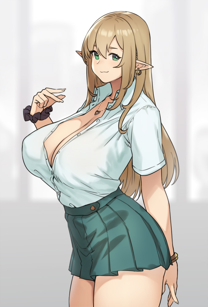 1girls, big breasts, blonde hair, breasts, cleavage, elf, female, female only, green eyes, gyaru, houtengeki, large breasts, looking at viewer, pointy ears, school uniform, skirt, solo