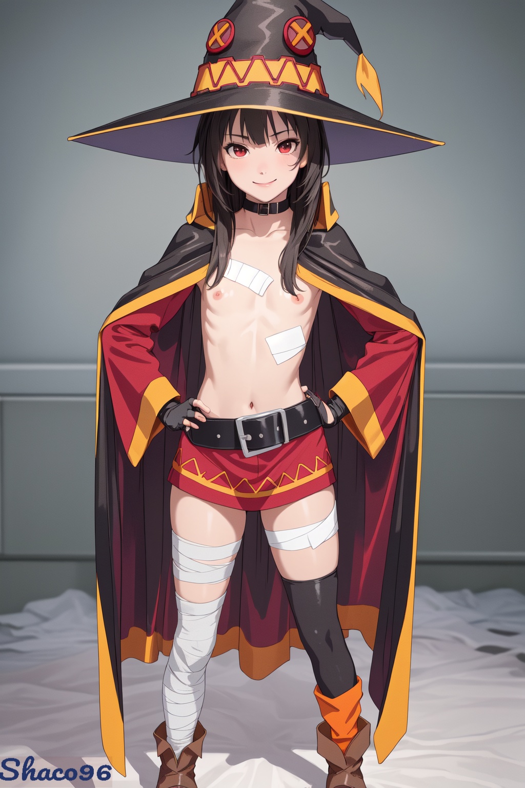 1girls, 2024, ai generated, bandage, belt, blush, breasts, brown hair, choker, closed mouth, female, hat, high resolution, kono subarashii sekai ni shukufuku wo!, megumin, open eyes, shaco96, small breasts, stable diffusion, watermark
