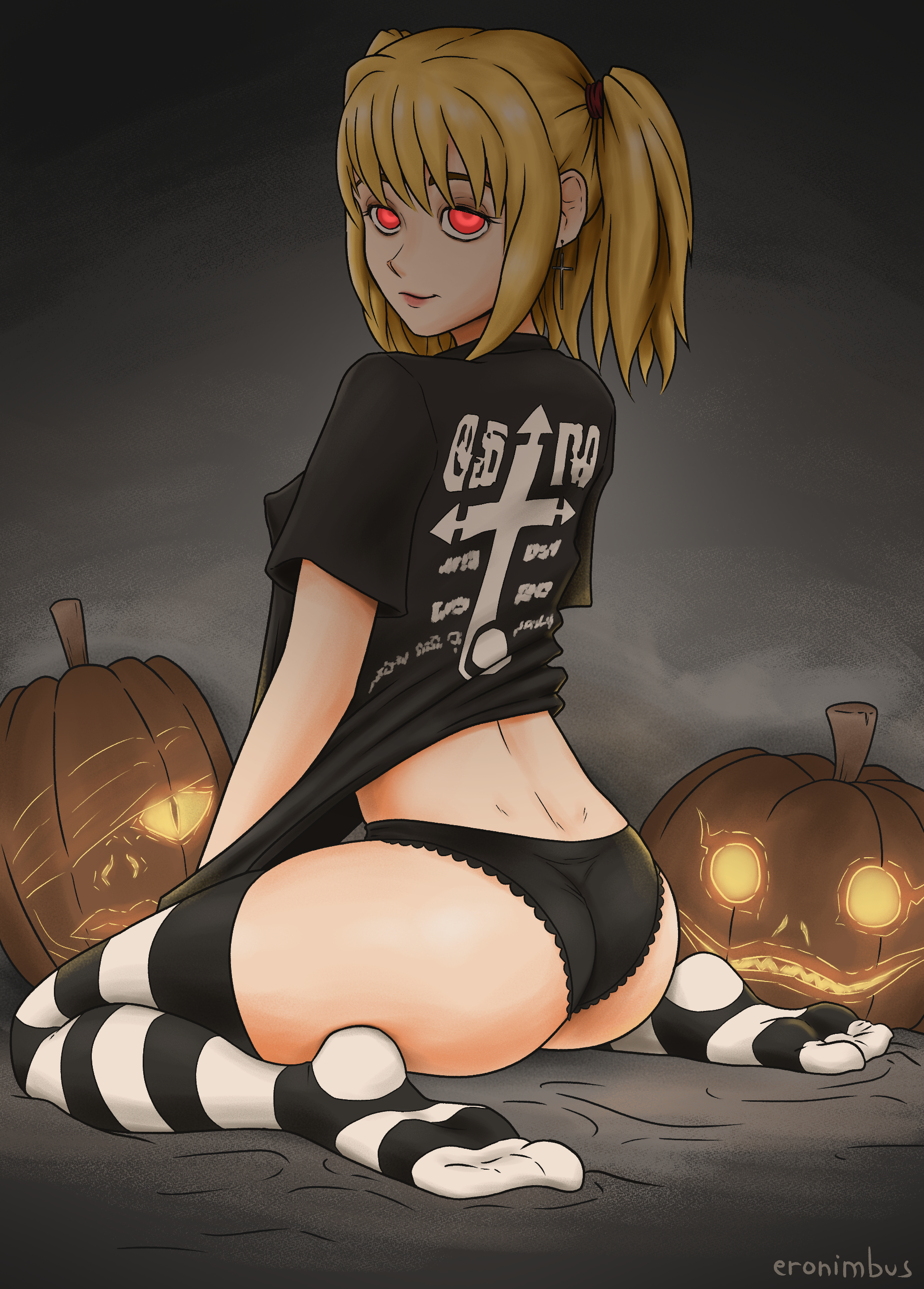 1girls, ass, black panties, blonde hair, death note, eronimbus, female, female only, halloween, looking at viewer, looking back, misa amane, panties, shinigami eyes