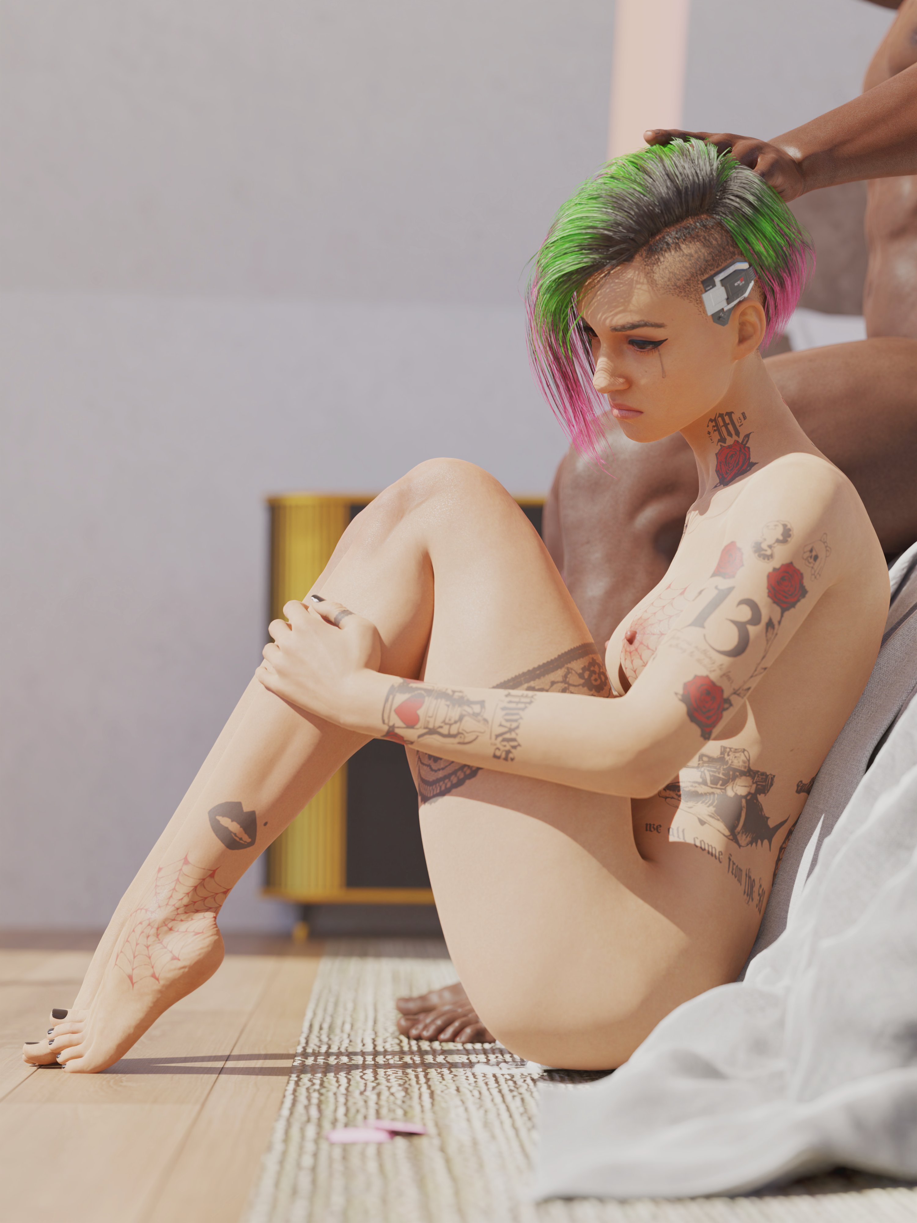 3d, beddetective, crying, cyberpunk 2077, feet, female, holding head, judy alvarez, leaning against bed, legs together, male, nude, nude female, nude male, sad, tear