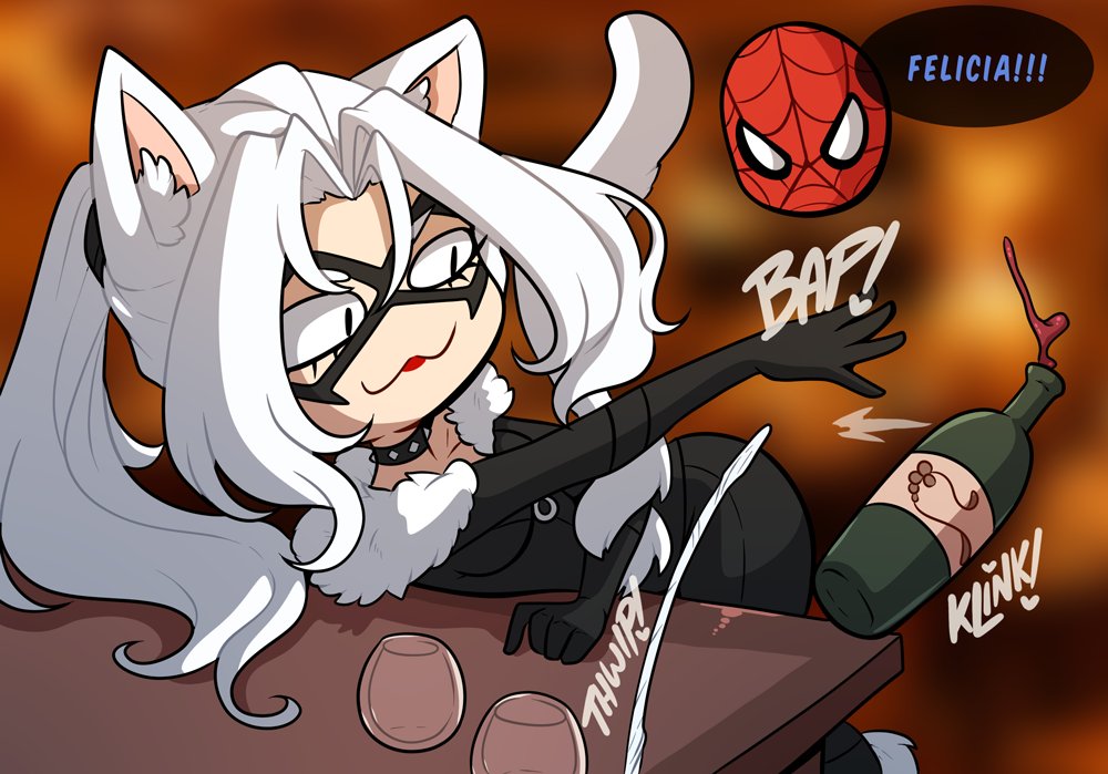 1girls, black cat (marvel), black eyes, blurry background, bodysuit, cat ears, cat girl, cat tail, catgirl, dialogue, english text, eye mask, felicia hardy, female, funny, kinkymation, long hair, marvel, marvel comics, peter parker, ponytail, red lipstick, slit pupils, speech bubble, spider-man, spider-man (series), tail, white hair