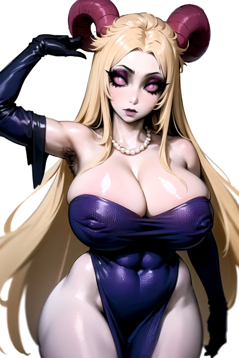 1girls, abs, ai generated, armpit hair, armpits, blonde hair, breasts, demon, demon horns, female, female only, hazbin hotel, horns, huge breasts, legwear, light skin, light-skinned female, lilith morningstar (hazbin hotel), mature female, milf, mother, pale skin, pale-skinned female, pearl necklace, reficulsenpai, succubus