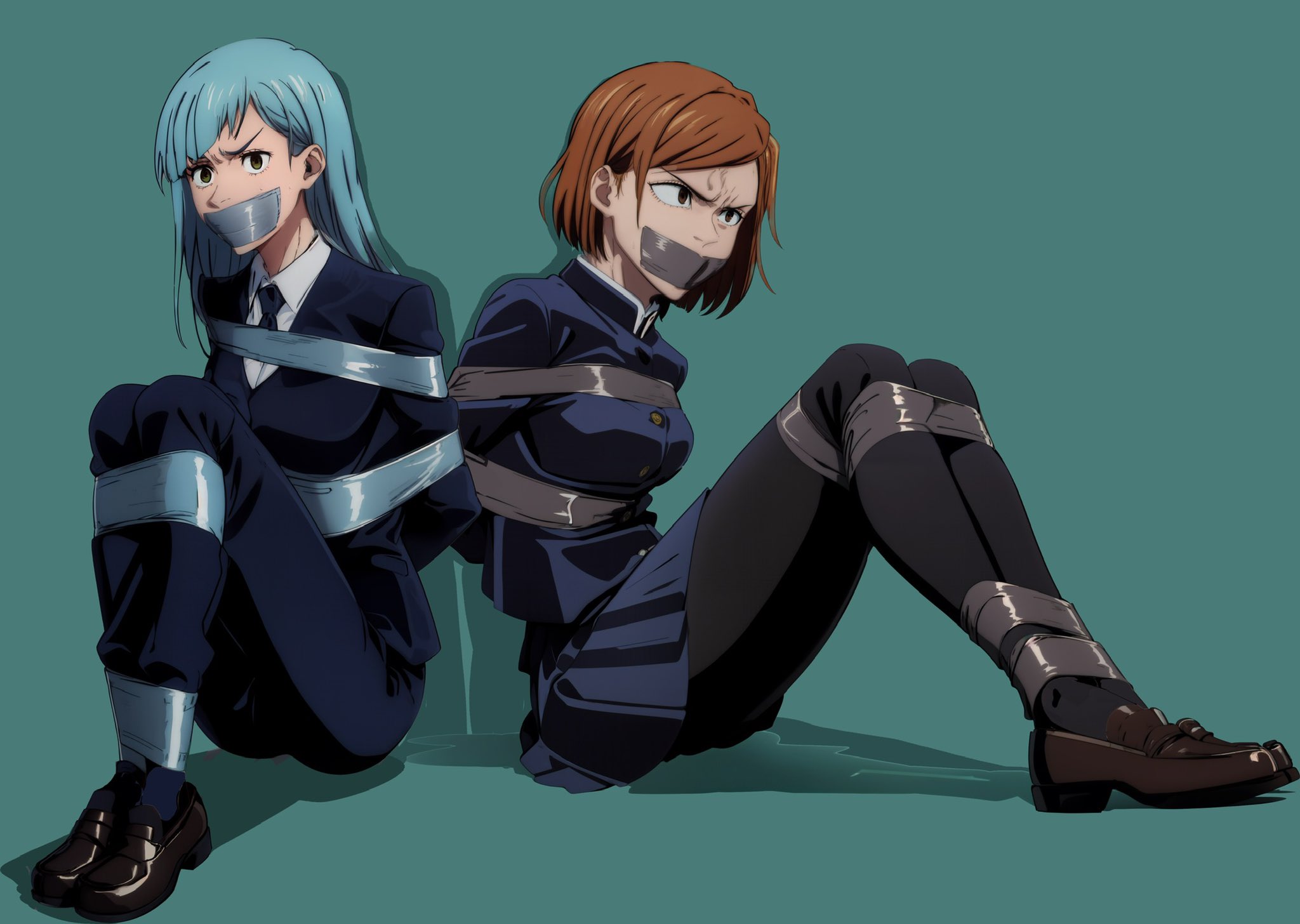 2girls, ai generated, blue hair, blue-haired female, bondage, bound, brown-haired female, female, female only, gag, gagged, human, jujutsu kaisen, kasumi miwa, kugisaki nobara, multiple females, multiple girls, tape, tape gag