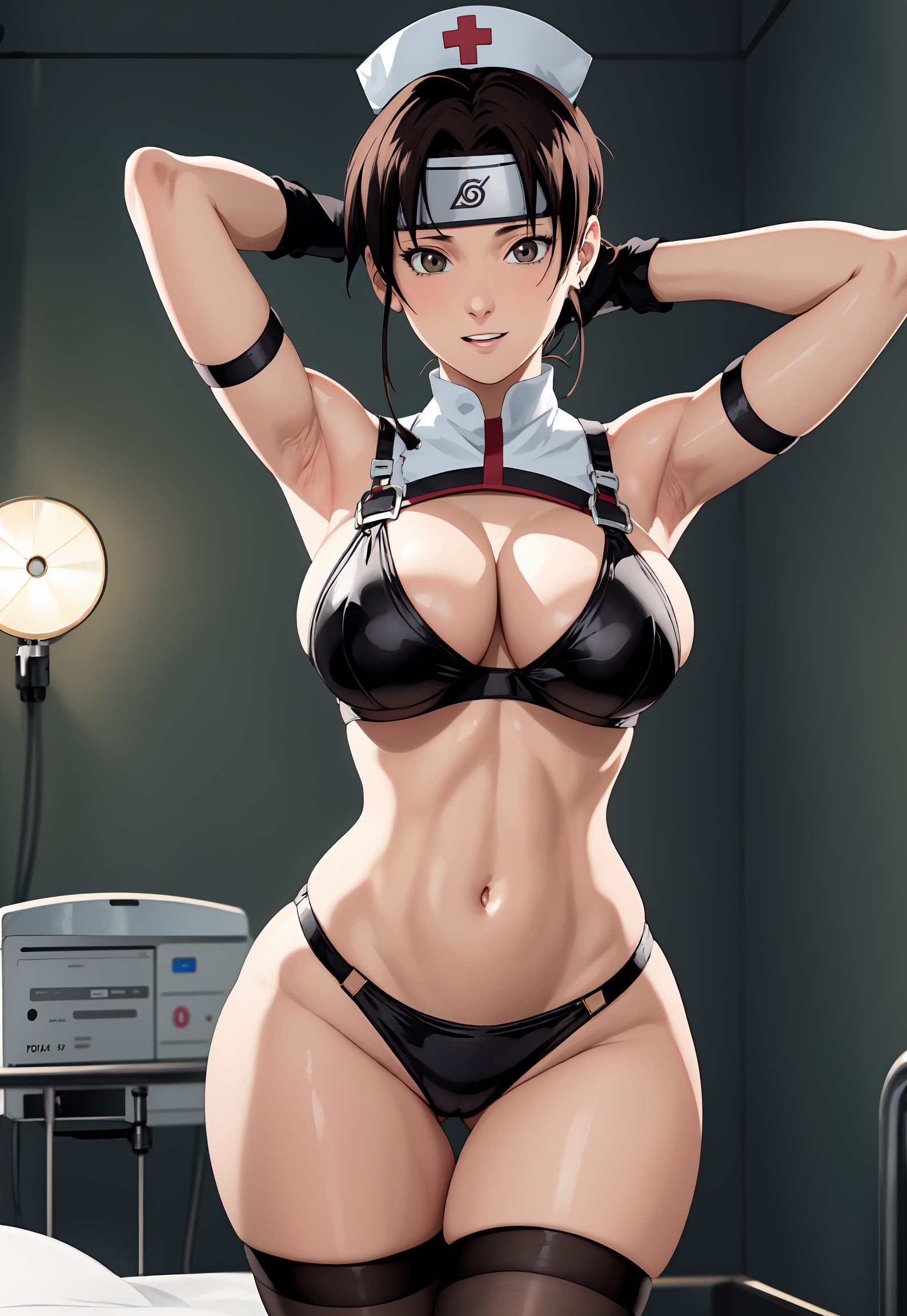1girls, adapted costume, ai generated, alex-schura, armpits, arms up, bangs, big breasts, bra, breasts, cap, child bearing hips, cleavage, crop top, curvaceous, curvy, curvy body, curvy female, curvy figure, detached collar, female, female only, forehead protector, gloves, headband, hospital, hospital bed, hourglass figure, impossible clothes, indoors, konohagakure symbol, kunoichi, light skin, light-skinned female, lingerie, midriff, mostly nude, nai diffusion, naruto, naruto (series), naruto shippuden, ninja, nurse, nurse cap, panties, partially clothed, pinup, revealing clothes, shiny, shiny clothes, shiny hair, shiny skin, sidelocks, skimpy, skimpy clothes, skindentation, slim waist, smooth skin, solo, solo focus, stable diffusion, stockings, tenten, underwear, wide hips