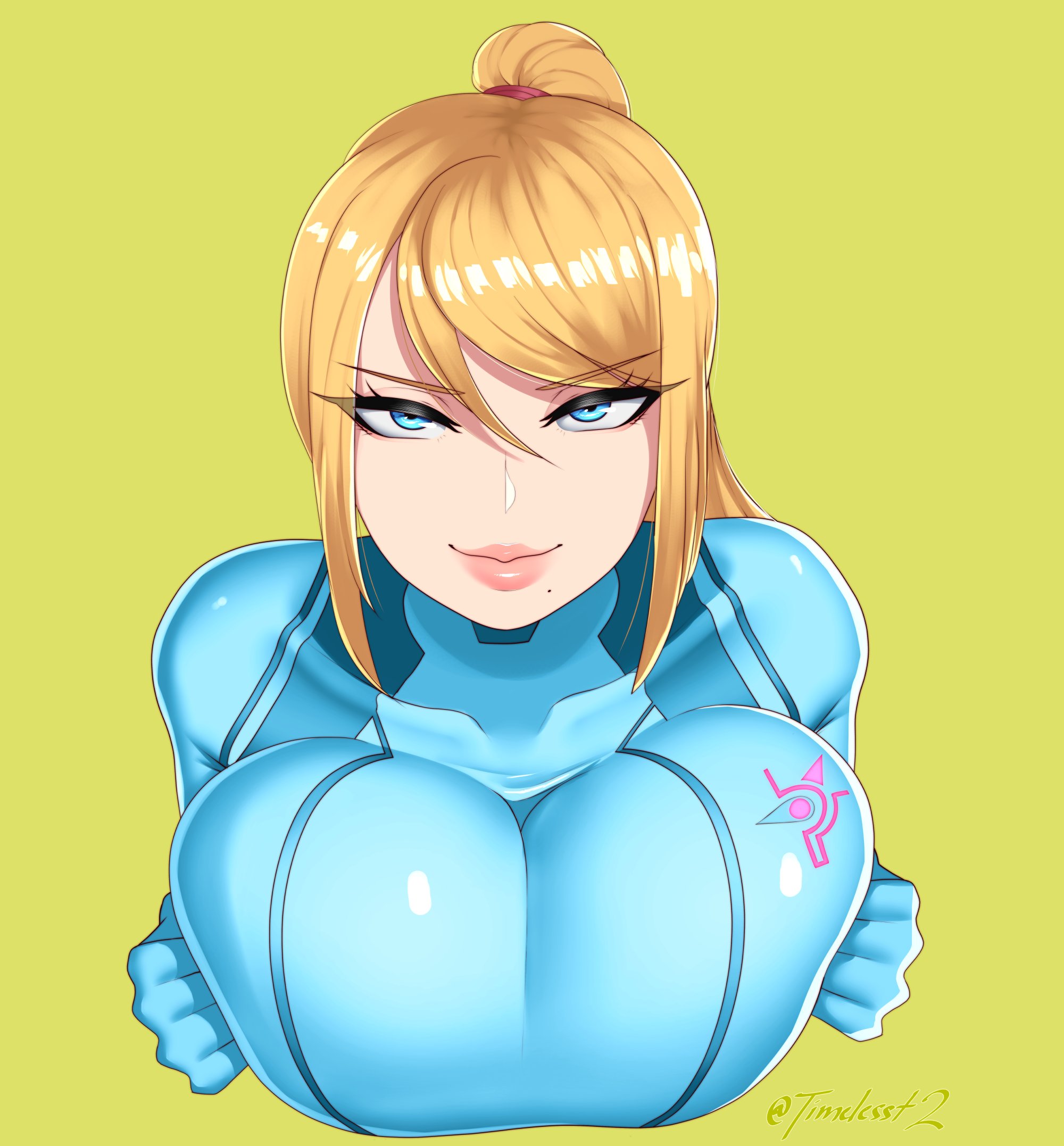 1girls, 2023, big breasts, bimbo, blonde hair, blue bodysuit, blue eyes, bodysuit, breasts, eyelashes, female, female only, green background, hi res, long hair, looking at viewer, metroid, mole, mole under mouth, narrowed eyes, nintendo, samus aran, smiling, smiling at viewer, solo, timeless-t, zero suit, zero suit samus