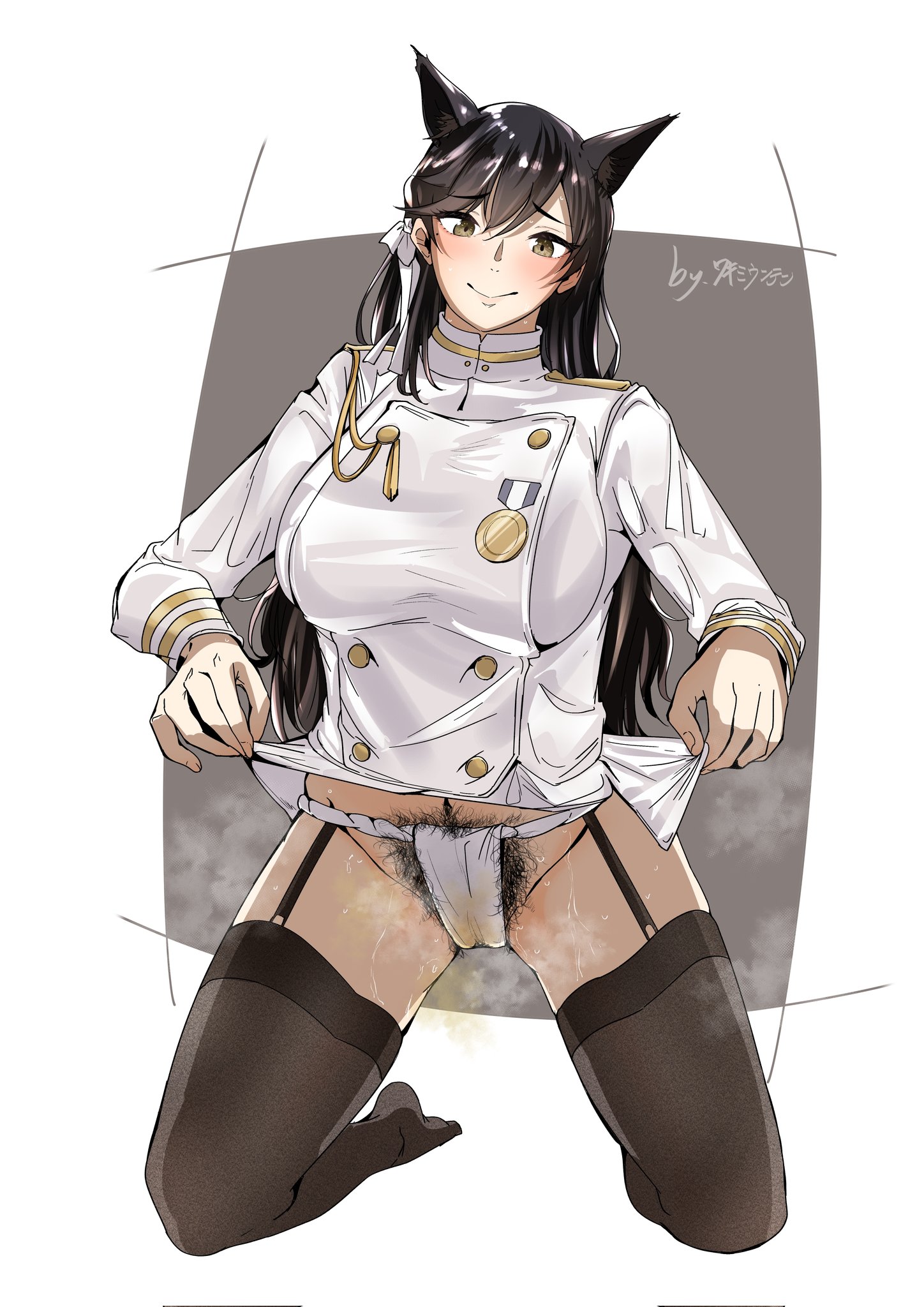1girls, 2d, animal ears, atago (azur lane), azur lane, big breasts, breasts, cat ears, dirty panties, excessive pubic hair, female, female only, female pubic hair, fundoshi, garter straps, happy trail, large breasts, long hair, looking at viewer, medal, musk, musk clouds, musk fetish, no pants, pantyhose, pubic hair, pubic hair peek, pussy, shirt lift, skirt lift, smell, smelly pussy, solo, stained panties, steam, steaming body, sweat, sweaty, wakimiunten, watermark