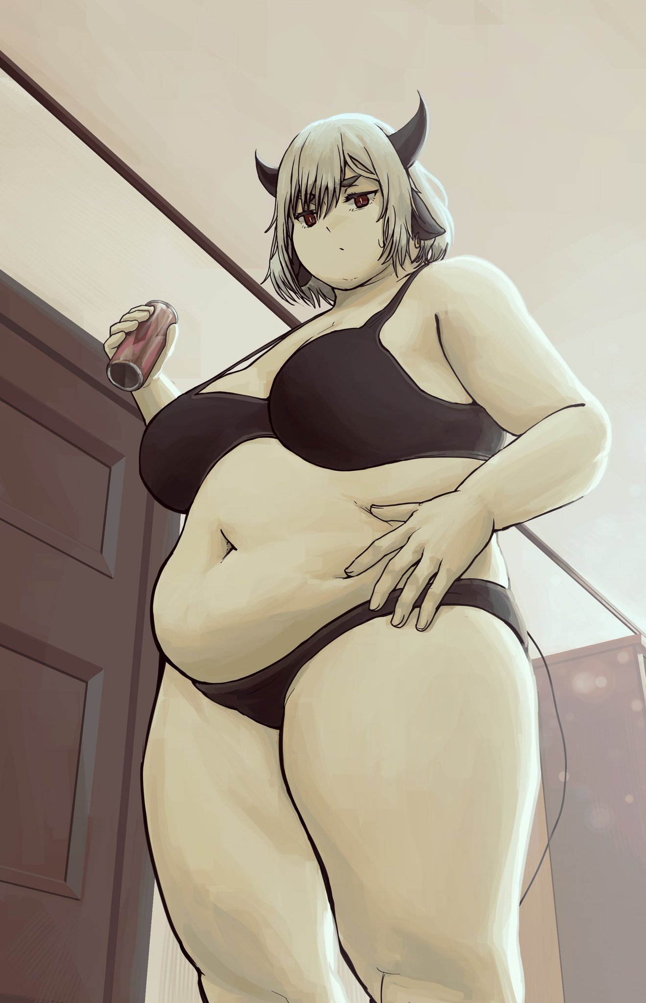 bbw belly chubby cow_ears cow_girl cow_horns cow_tail double_chin holding_object looking_at_viewer presiart sequence thick_thighs underwear weight_gain white_hair